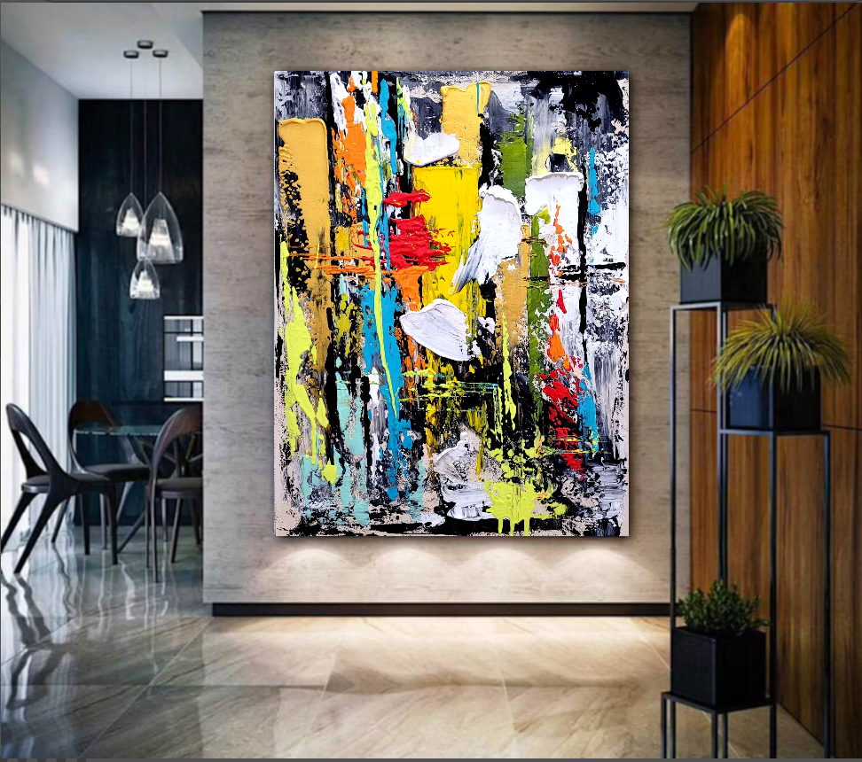 Colorful Abstract Art Composition, Vibrant Impasto Oil Painting on Canvas