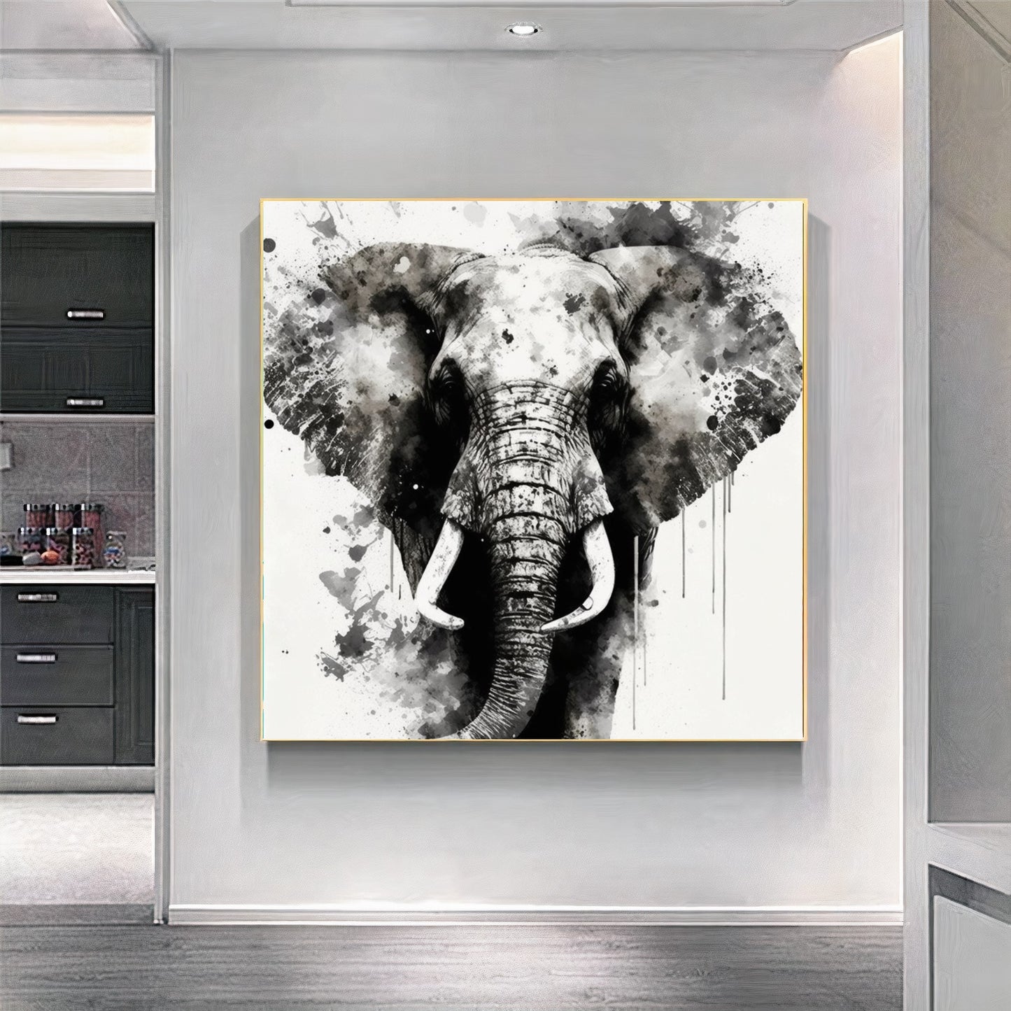 Large Print on Canvas, Black White Elephant, Watercolor Art Work