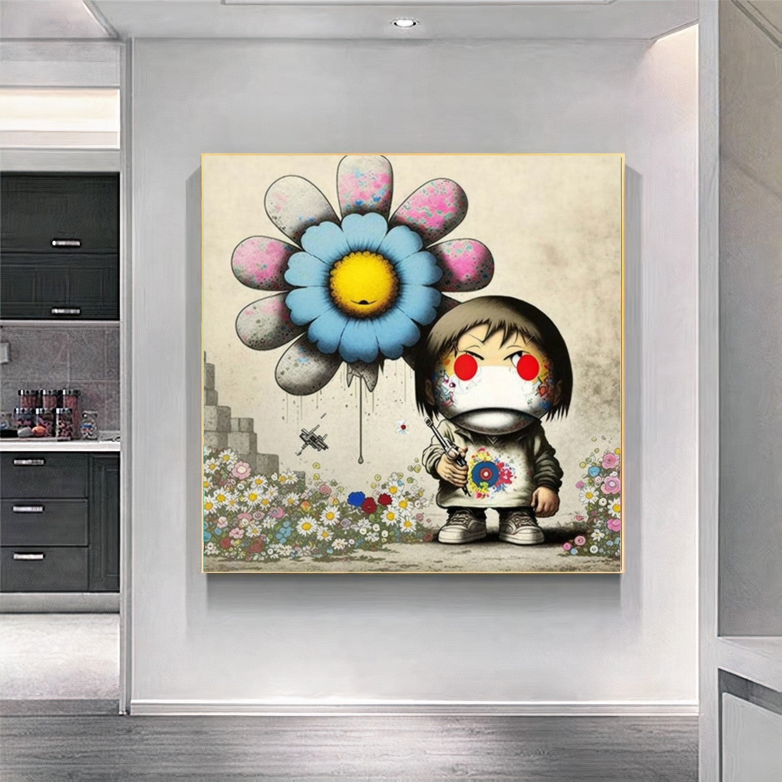 Girl with Flower Balloon - Banksy Inspired Street Art Print {{ shop_name }}Prints Banksy style canvas print canvas wall art collectible print colorful flower balloon giclée prints girl with flower graffiti large canvas print large wall art Large Wall Art Decor Living Room Art modern art print playful pop art print on canvas ready to hang canvas street art stretched canvas art surreal urban art wall art prints whimsical