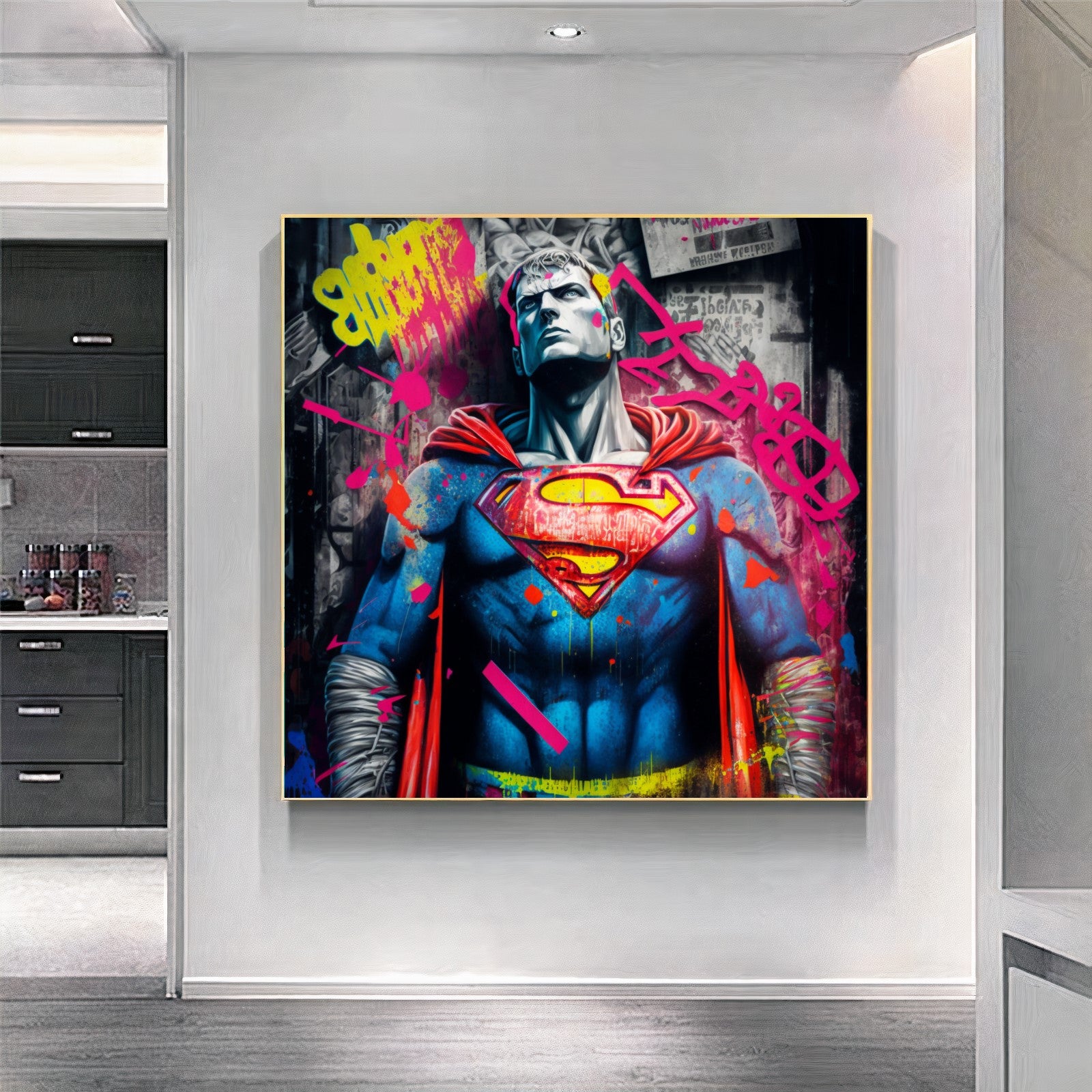 Superman Street Art - Vibrant Graffiti Style {{ shop_name }}Prints canvas print canvas wall art colorful comic book giclée prints graffiti iconic large canvas print large wall art Large Wall Art Decor Living Room Art modern modern art print pop art print on canvas ready to hang canvas spray paint street art strength stretched canvas art superhero Superman urban art wall art prints