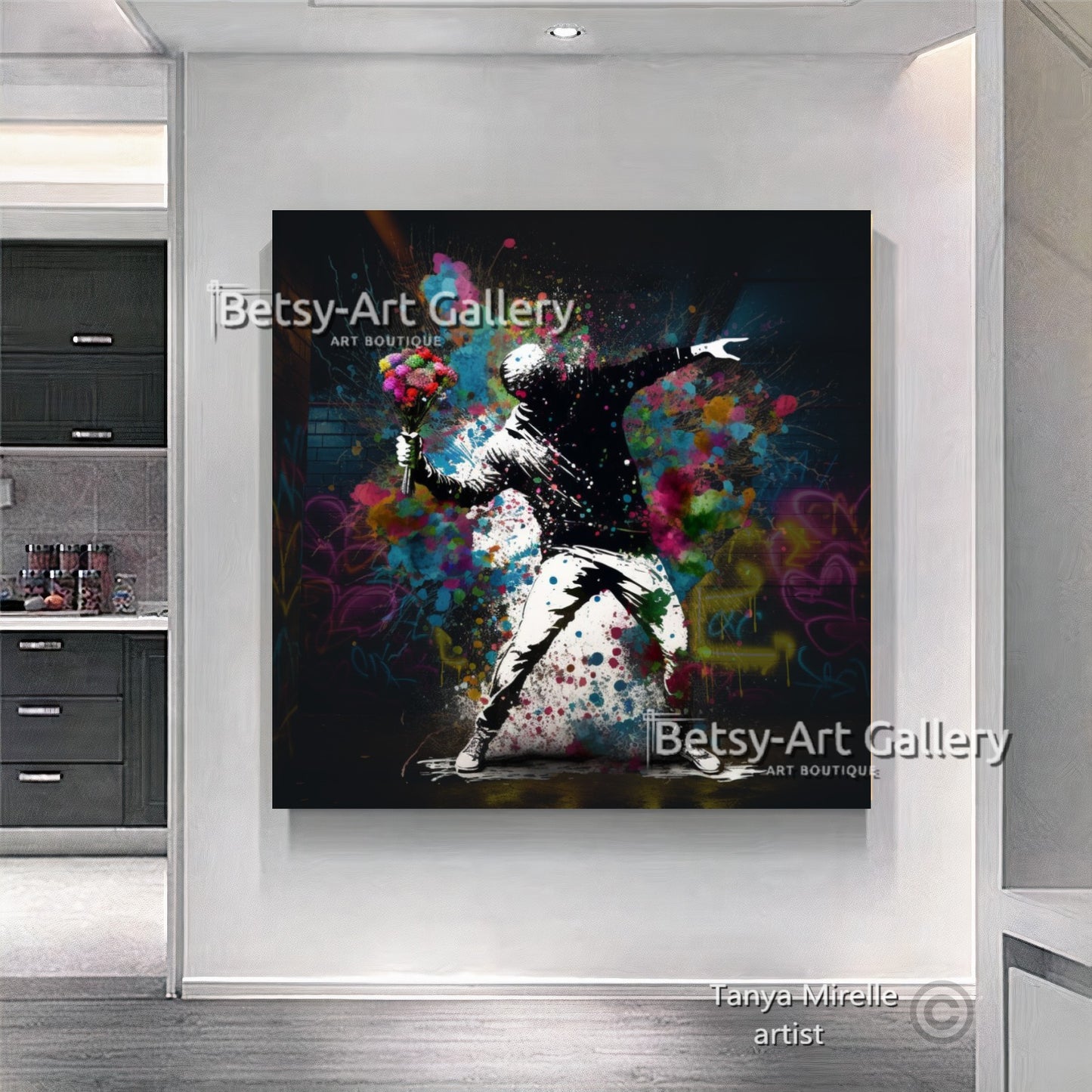 Banksy Flower Thrower Graffiti Art Print on Canvas {{ shop_name }}Prints art gift Banksy canvas canvas print canvas wall art flower thrower giclée prints graffiti print large canvas print large wall art Large Wall Art Decor Living Room Art modern art print pop art print print on canvas ready to hang canvas street art stretched canvas art urban decor wall art prints
