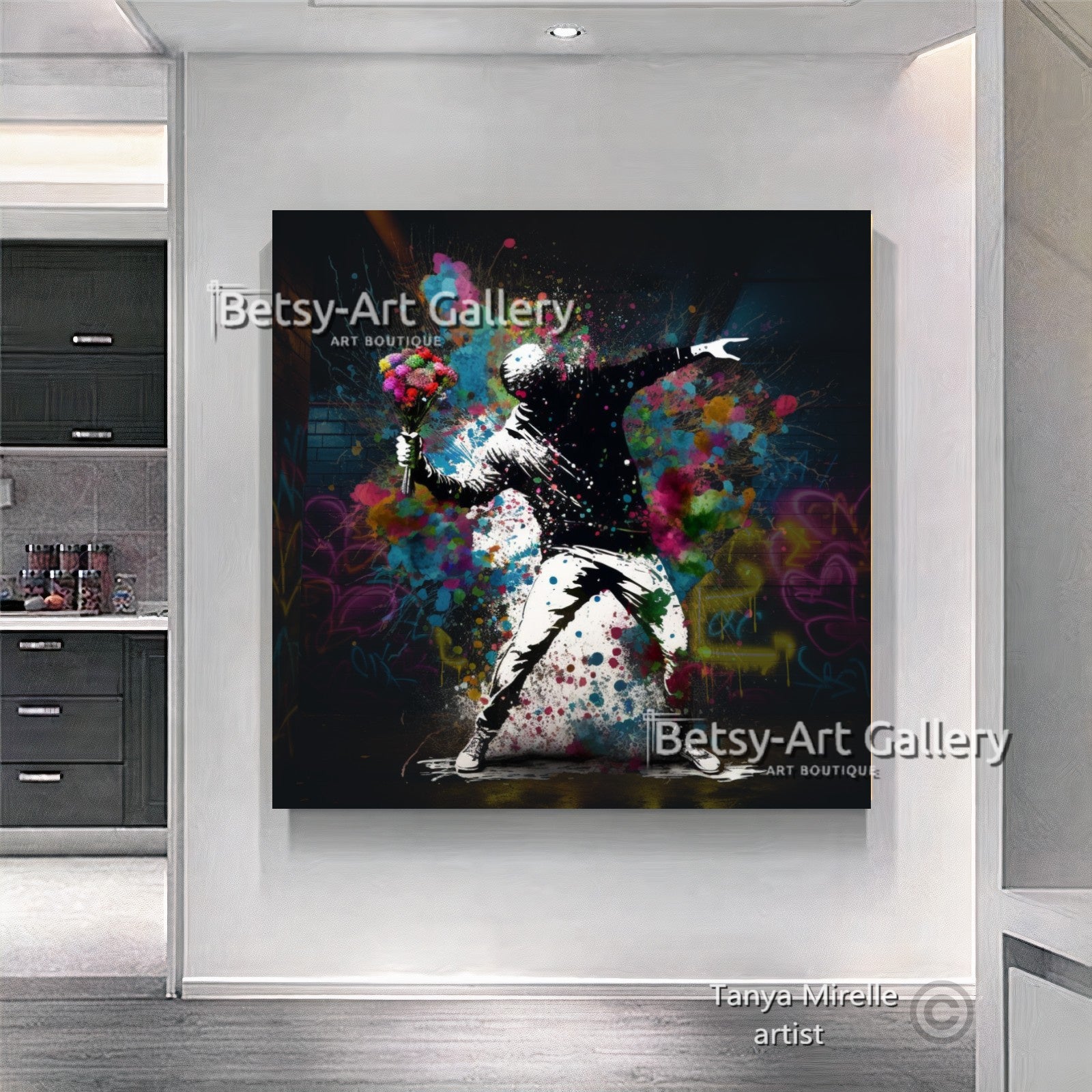Banksy Flower Thrower Graffiti Art Print on Canvas {{ shop_name }}Prints art gift Banksy canvas canvas print canvas wall art flower thrower giclée prints graffiti print large canvas print large wall art Large Wall Art Decor Living Room Art modern art print pop art print print on canvas ready to hang canvas street art stretched canvas art urban decor wall art prints