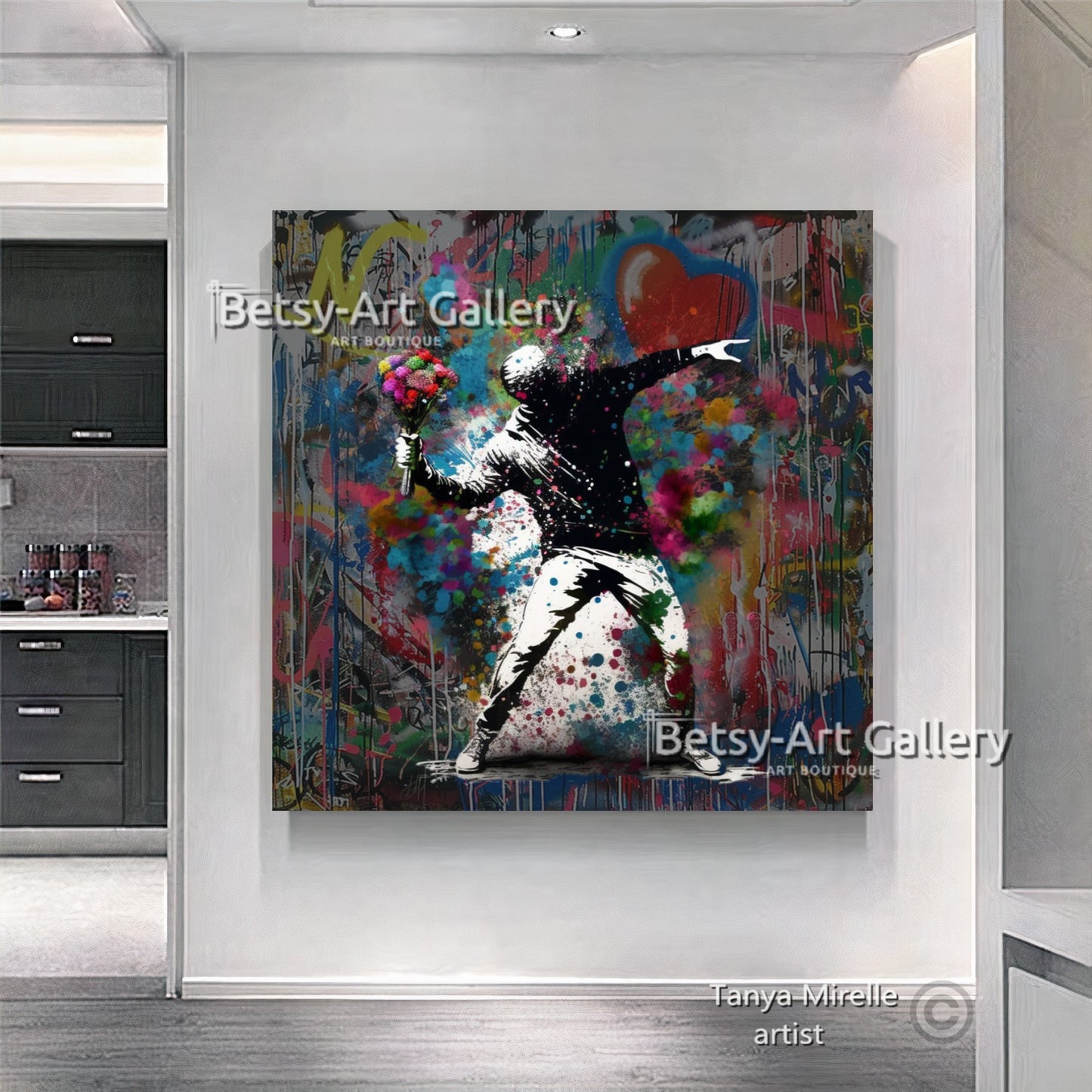Banksy Flower Thrower Graffiti Art Print on Canvas {{ shop_name }}Prints art gift Banksy canvas canvas print canvas wall art flower thrower giclée prints graffiti print large canvas print large wall art Large Wall Art Decor Living Room Art modern art print pop art print print on canvas ready to hang canvas street art stretched canvas art urban decor wall art prints
