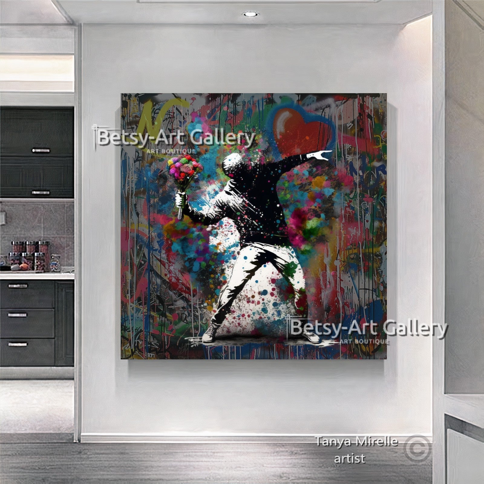 Banksy Flower Thrower Graffiti Art Print on Canvas {{ shop_name }}Prints art gift Banksy canvas canvas print canvas wall art flower thrower giclée prints graffiti print large canvas print large wall art Large Wall Art Decor Living Room Art modern art print pop art print print on canvas ready to hang canvas street art stretched canvas art urban decor wall art prints