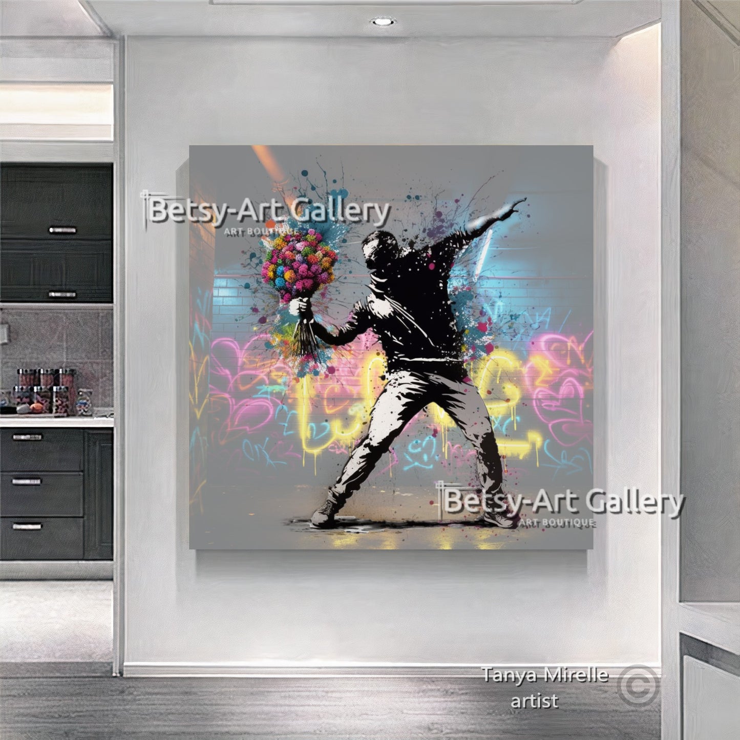Banksy Flower Thrower Graffiti Art Print on Canvas {{ shop_name }}Prints art gift Banksy canvas canvas print canvas wall art flower thrower giclée prints graffiti print large canvas print large wall art Large Wall Art Decor Living Room Art modern art print pop art print print on canvas ready to hang canvas street art stretched canvas art urban decor wall art prints