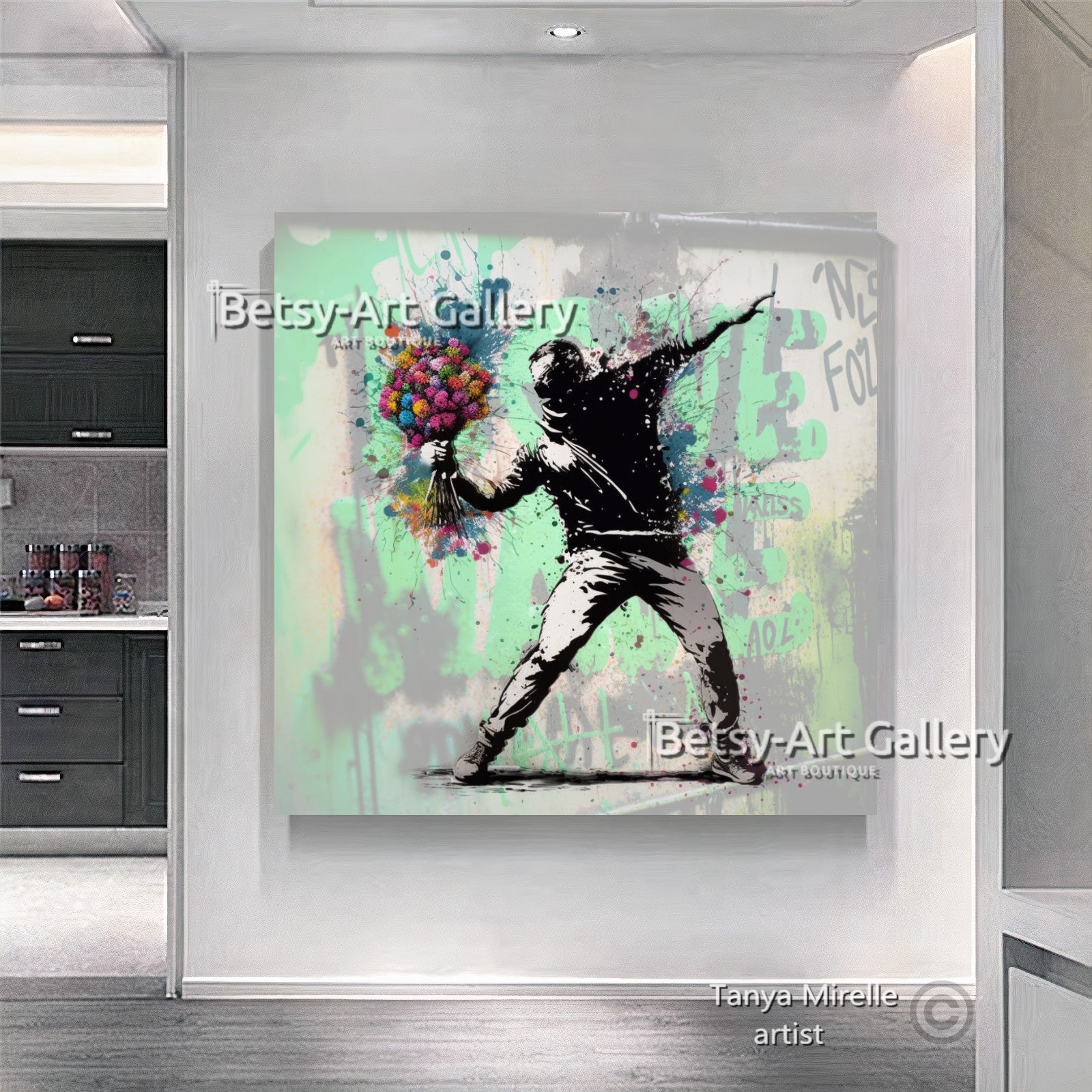 Banksy Flower Thrower Graffiti Art Print on Canvas {{ shop_name }}Prints art gift Banksy canvas canvas print canvas wall art flower thrower giclée prints graffiti print large canvas print large wall art Large Wall Art Decor Living Room Art modern art print pop art print print on canvas ready to hang canvas street art stretched canvas art urban decor wall art prints