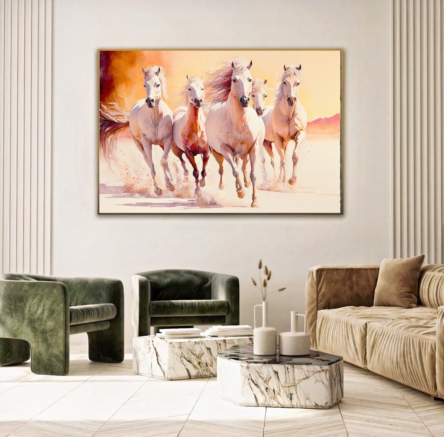 Majestic White Horses - Dynamic Running Horses in Desert, Printed Canvas Art E