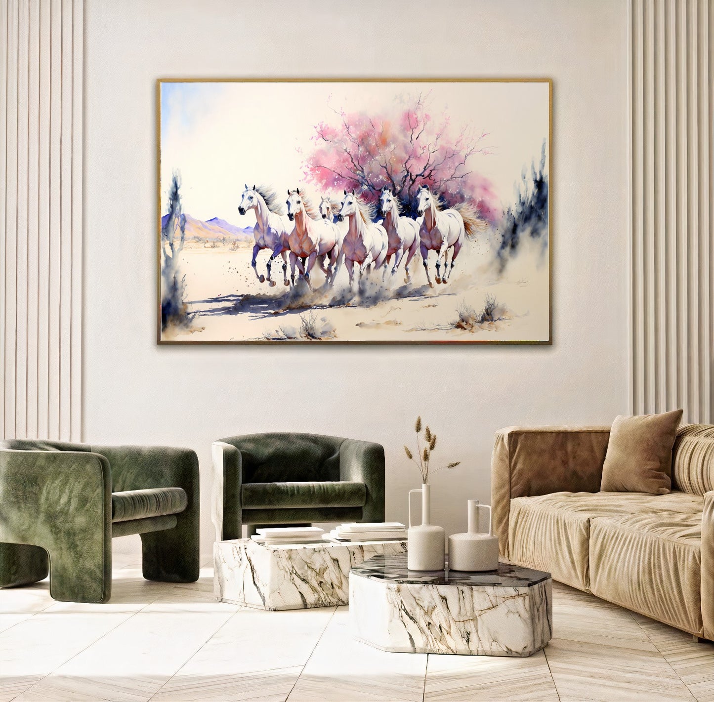 Majestic White Horses - Dynamic Running Horses in Desert, Printed Canvas Art