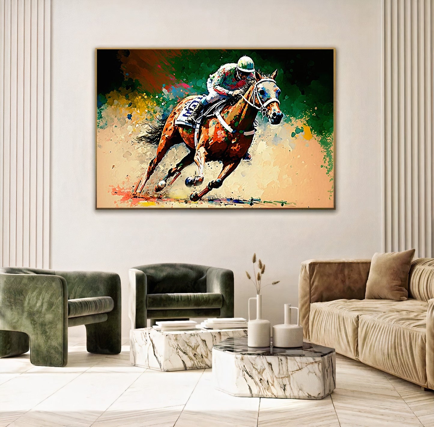 Vibrant Horse Racing Action - Dynamic Colorful Jockeys and Horses Canvas Art