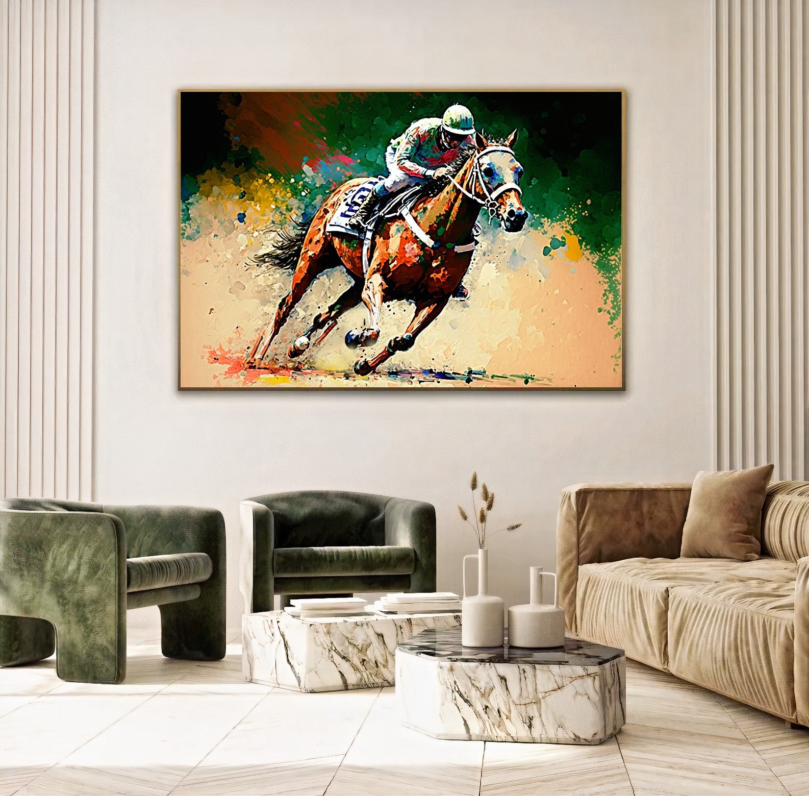 Vibrant Horse Racing Action - Dynamic Colorful Jockeys and Horses Canvas Art
