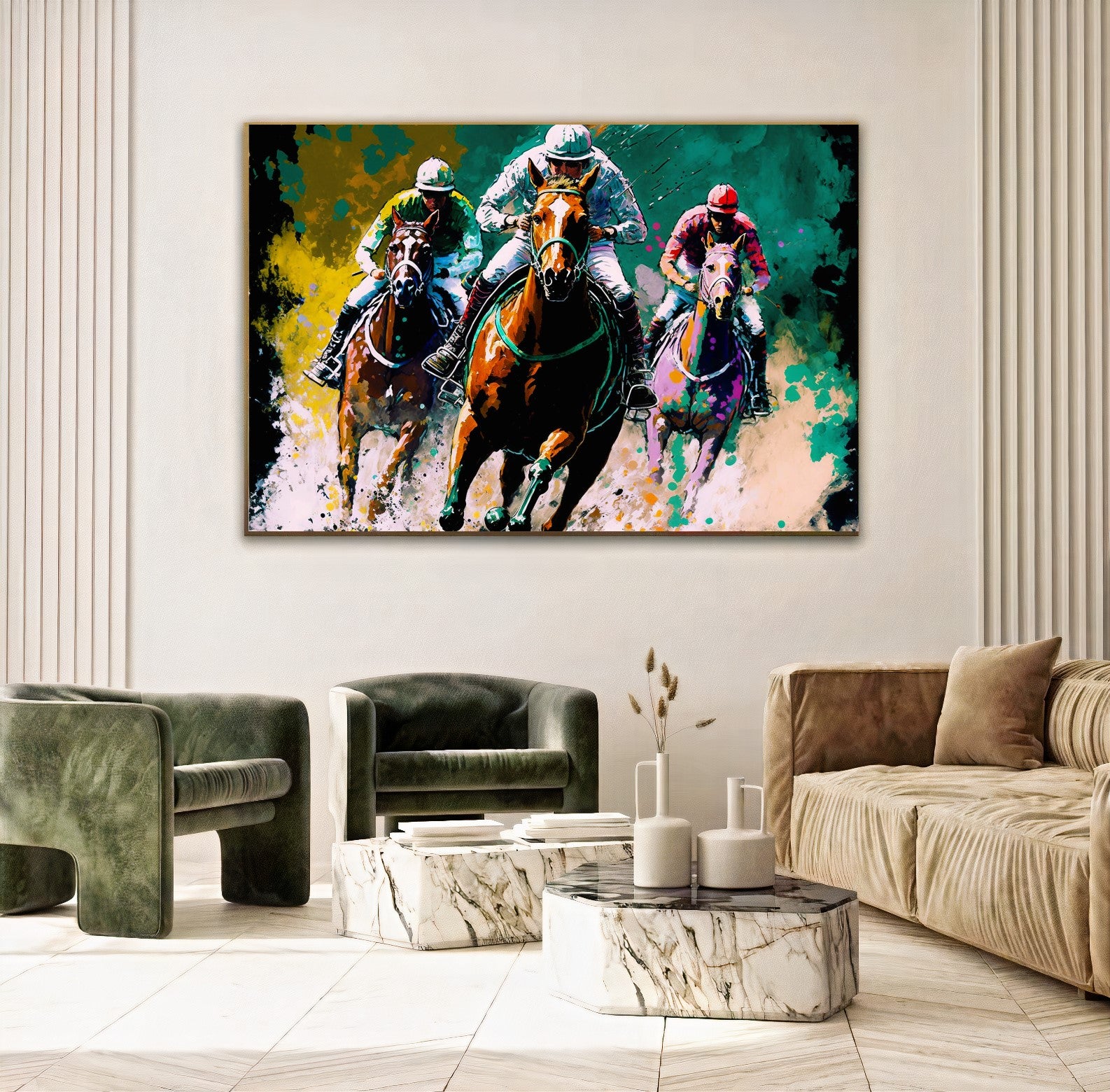 Vibrant Horse Racing Action - Dynamic Colorful Jockeys and Horses Canvas Art