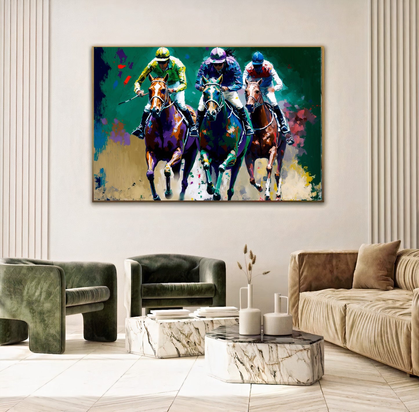 Vibrant Horse Racing Action - Dynamic Colorful Jockeys and Horses Canvas Art