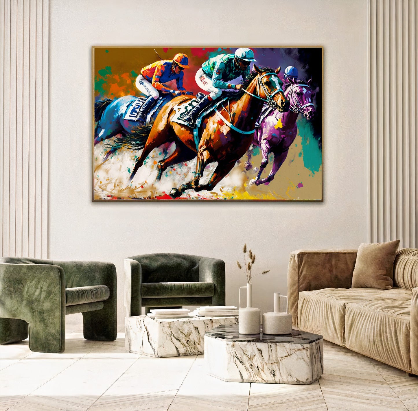 Vibrant Horse Racing Action - Dynamic Colorful Jockeys and Horses Canvas Art