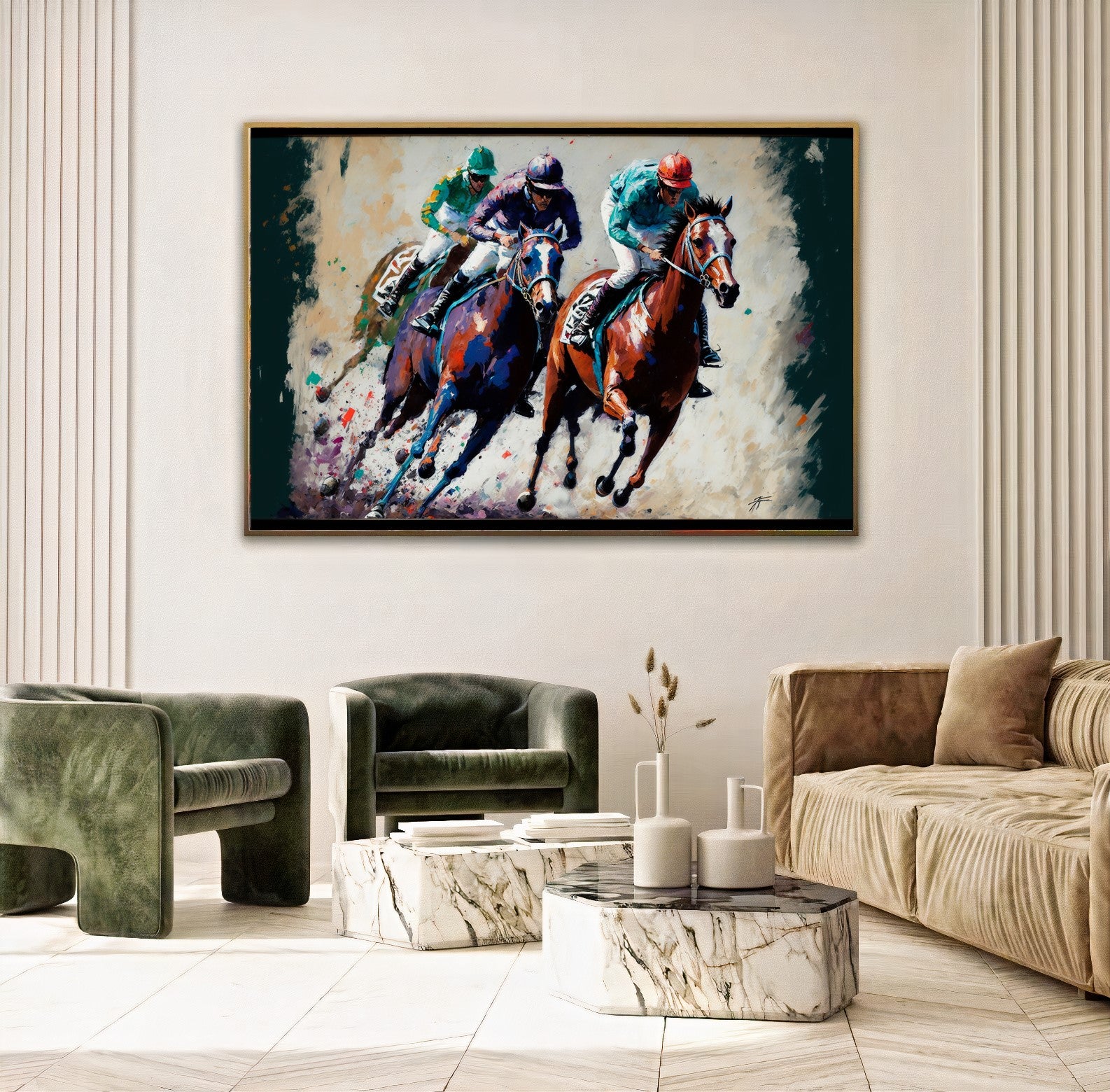 Vibrant Horse Racing Action - Dynamic Colorful Jockeys and Horses Canvas Art