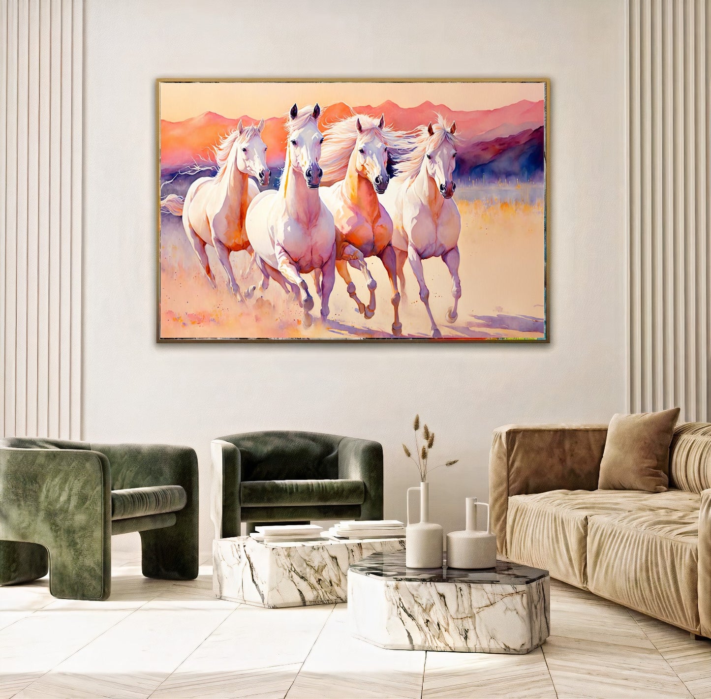 Majestic White Horses - Dynamic Running Horses in Desert, Printed Canvas Art