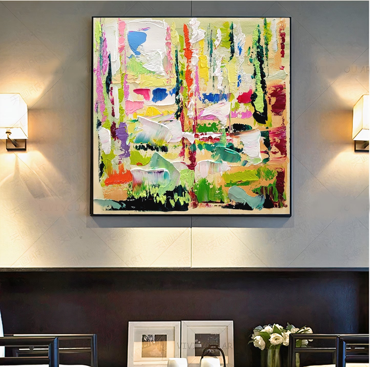 Green Abstract Wll Art, Floral Impasto Oil Painting on Canvas, Original Art Work