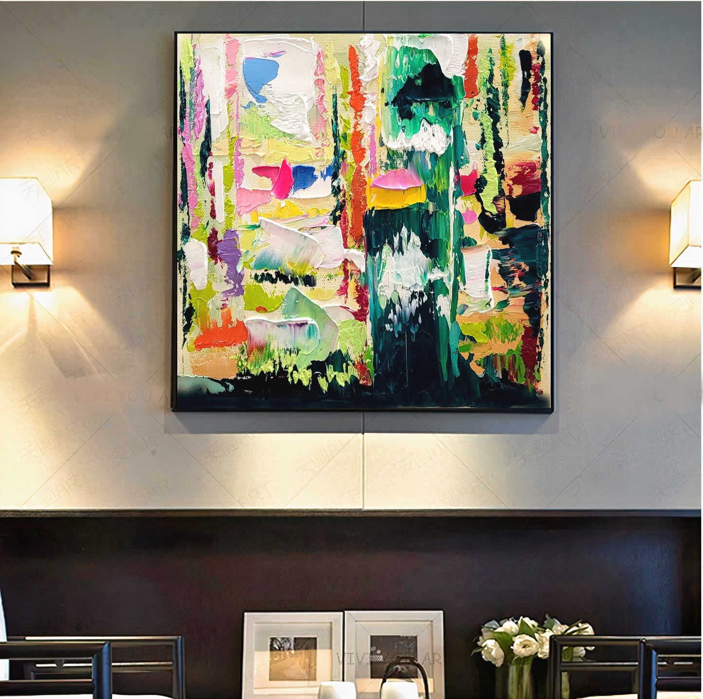 Green Abstract Wll Art, Floral Impasto Oil Painting on Canvas, Original Art Work