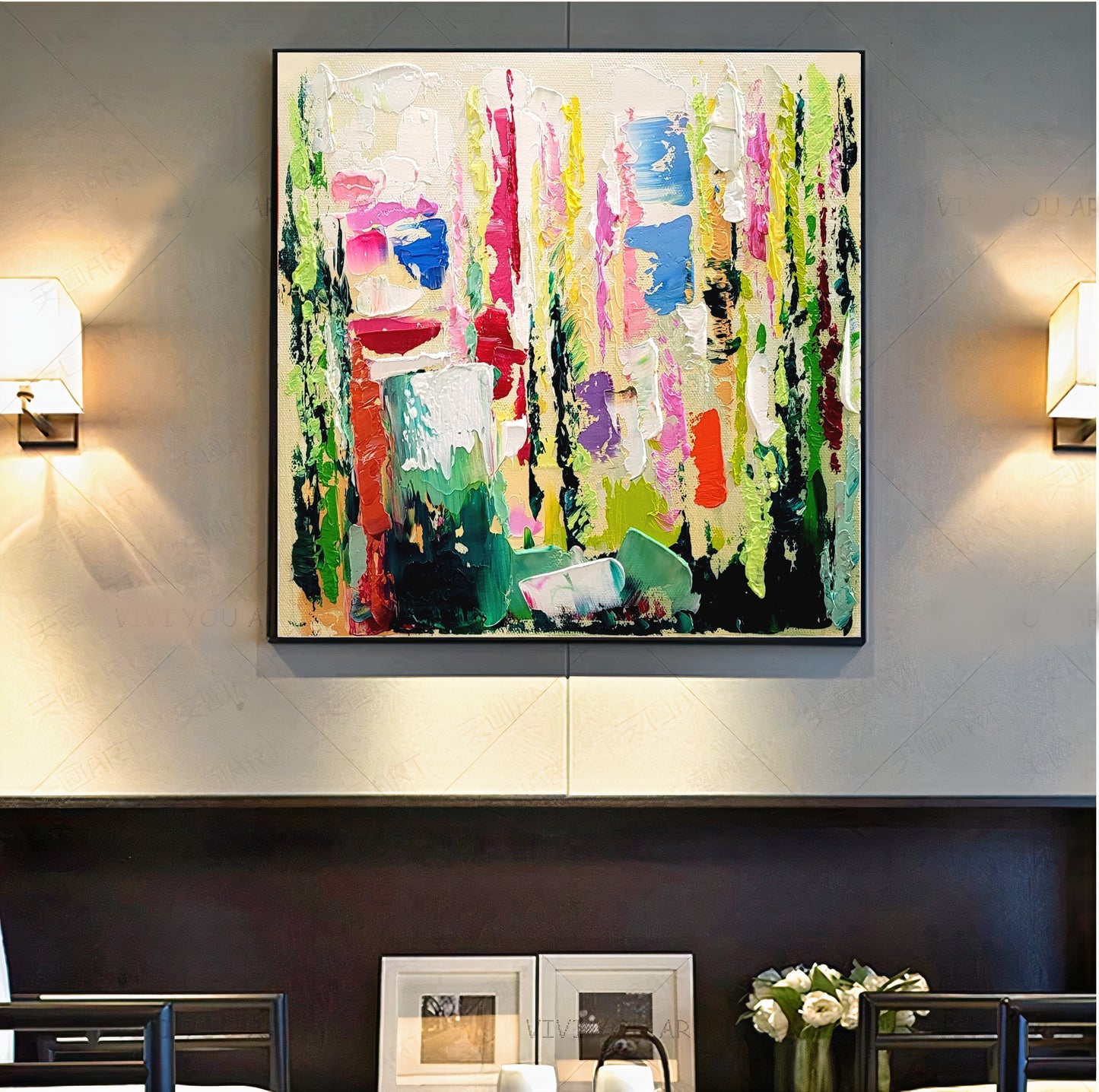 Green Abstract Wll Art, Floral Impasto Oil Painting on Canvas, Original Art Work