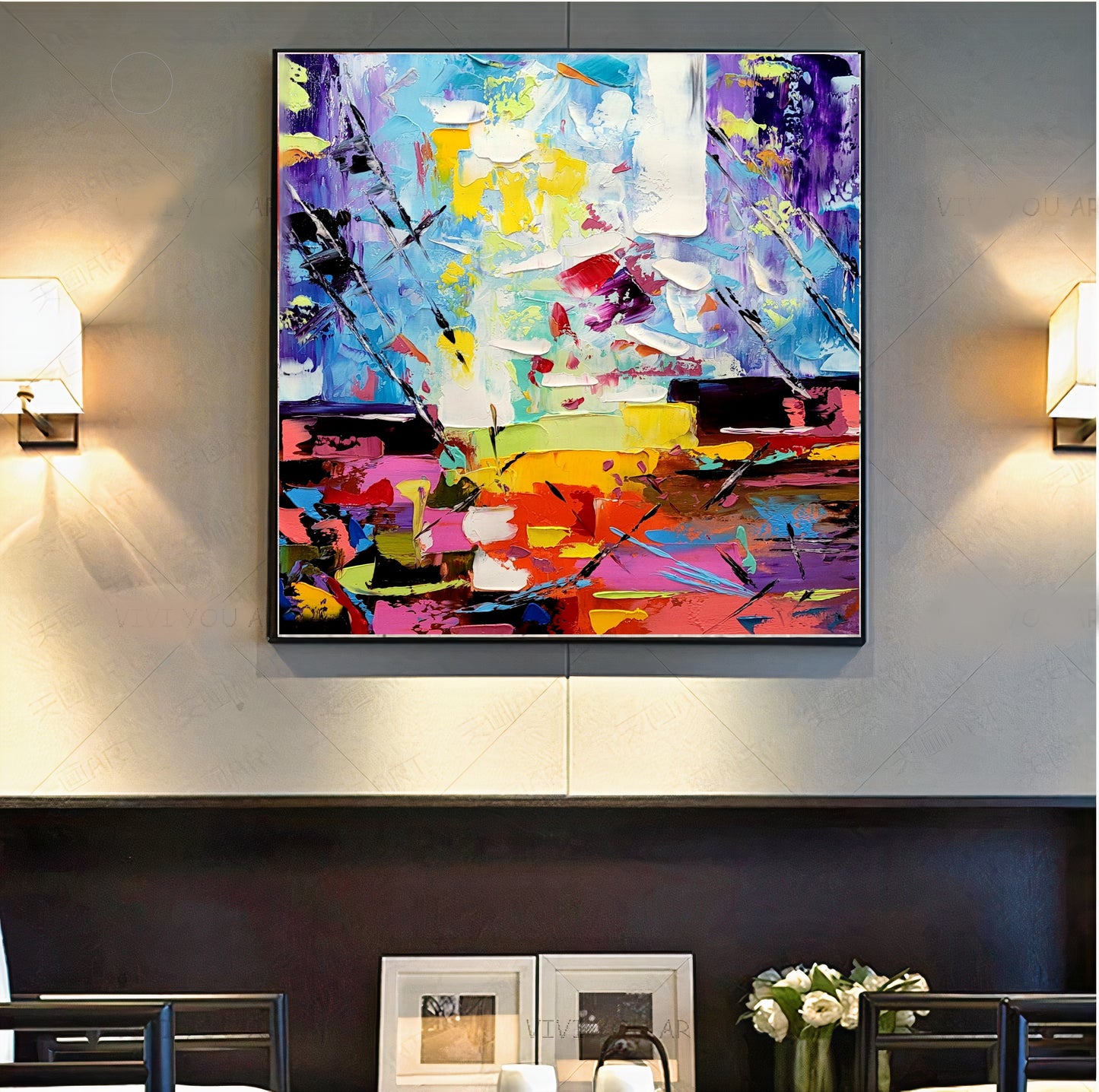 Vibrant Rainbow Modern Abstract Art for Living room, Impasto Oil Painting on Canvas, Handmade Art for sale