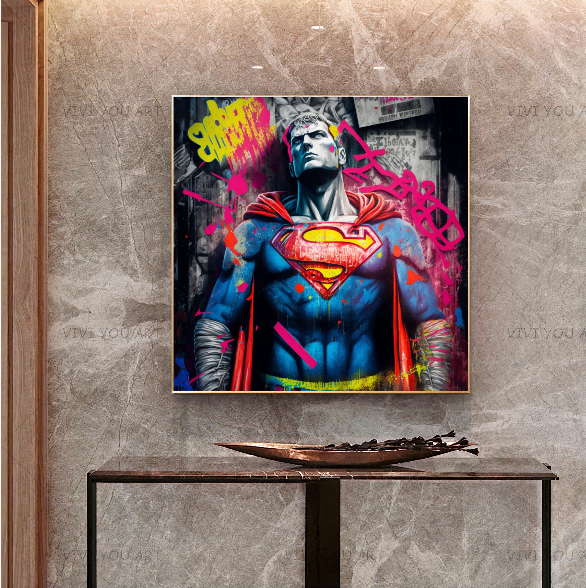 Superman Street Art - Vibrant Graffiti Style {{ shop_name }}Prints canvas print canvas wall art colorful comic book giclée prints graffiti iconic large canvas print large wall art Large Wall Art Decor Living Room Art modern modern art print pop art print on canvas ready to hang canvas spray paint street art strength stretched canvas art superhero Superman urban art wall art prints