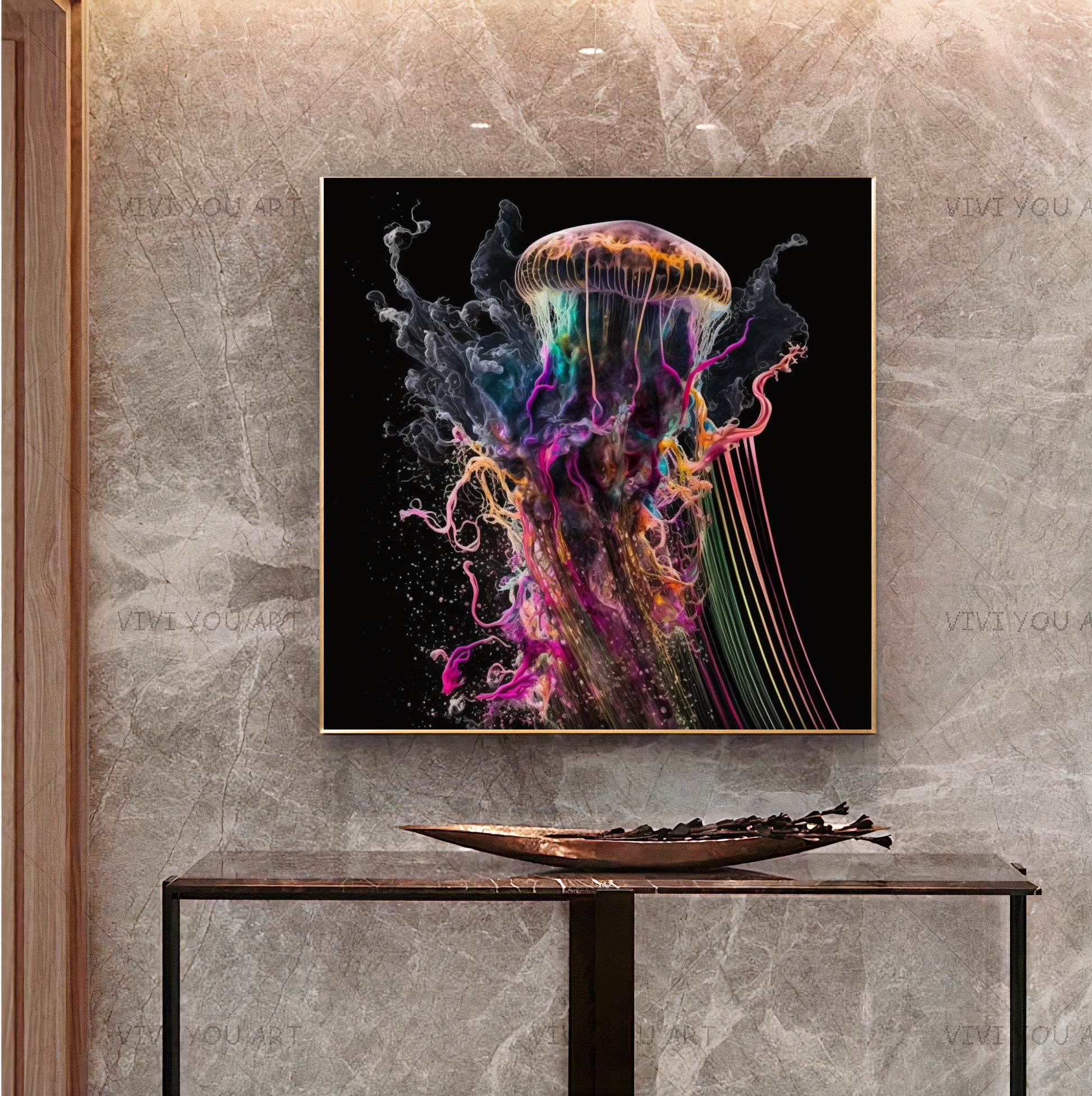 Blue Neon Jellyfish Explosion - Abstract Canvas Print of Underwater Life