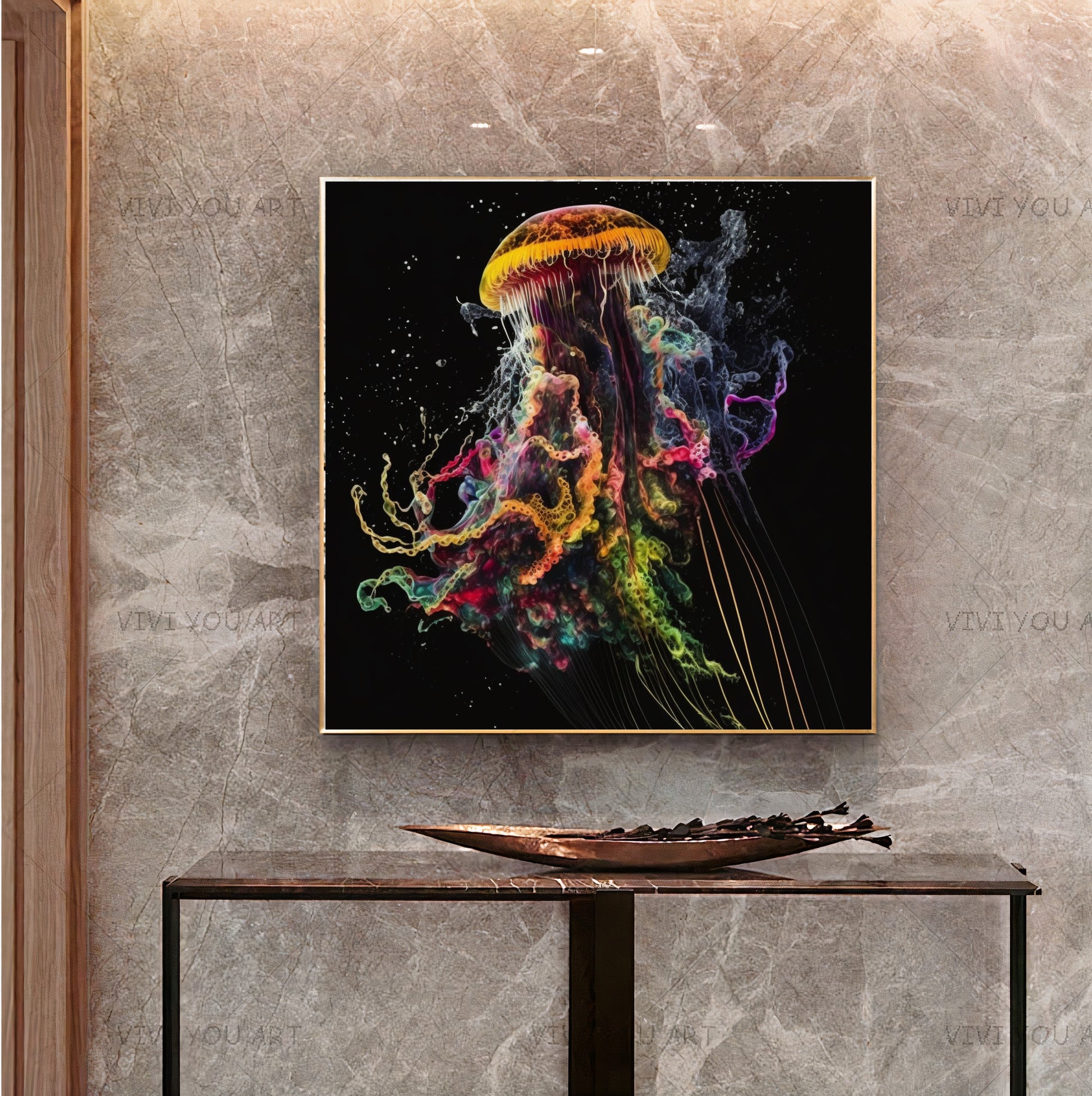 Blue Neon Jellyfish Explosion - Abstract Canvas Print of Underwater Life