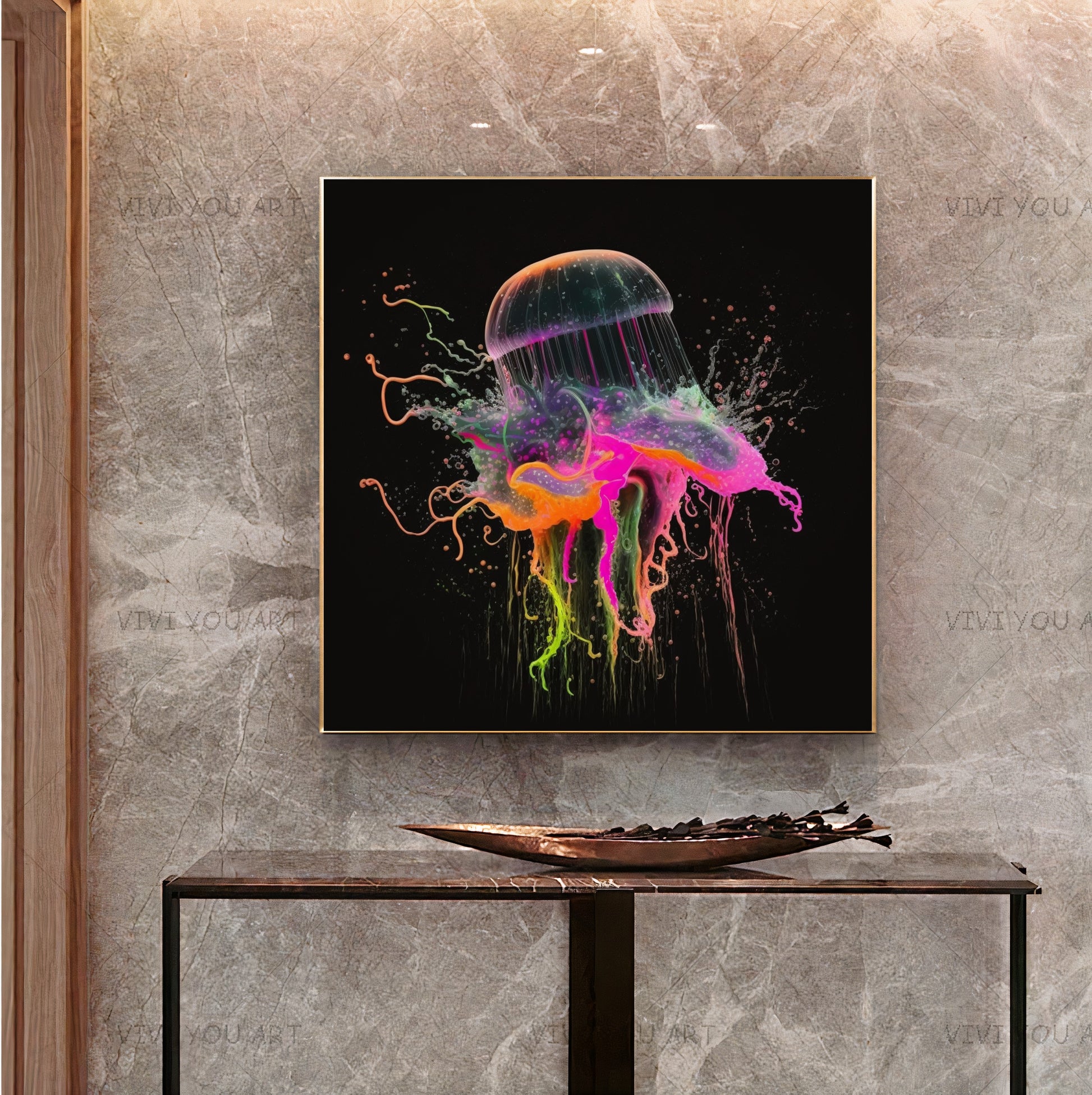 Blue Neon Jellyfish Explosion - Abstract Canvas Print of Underwater Life