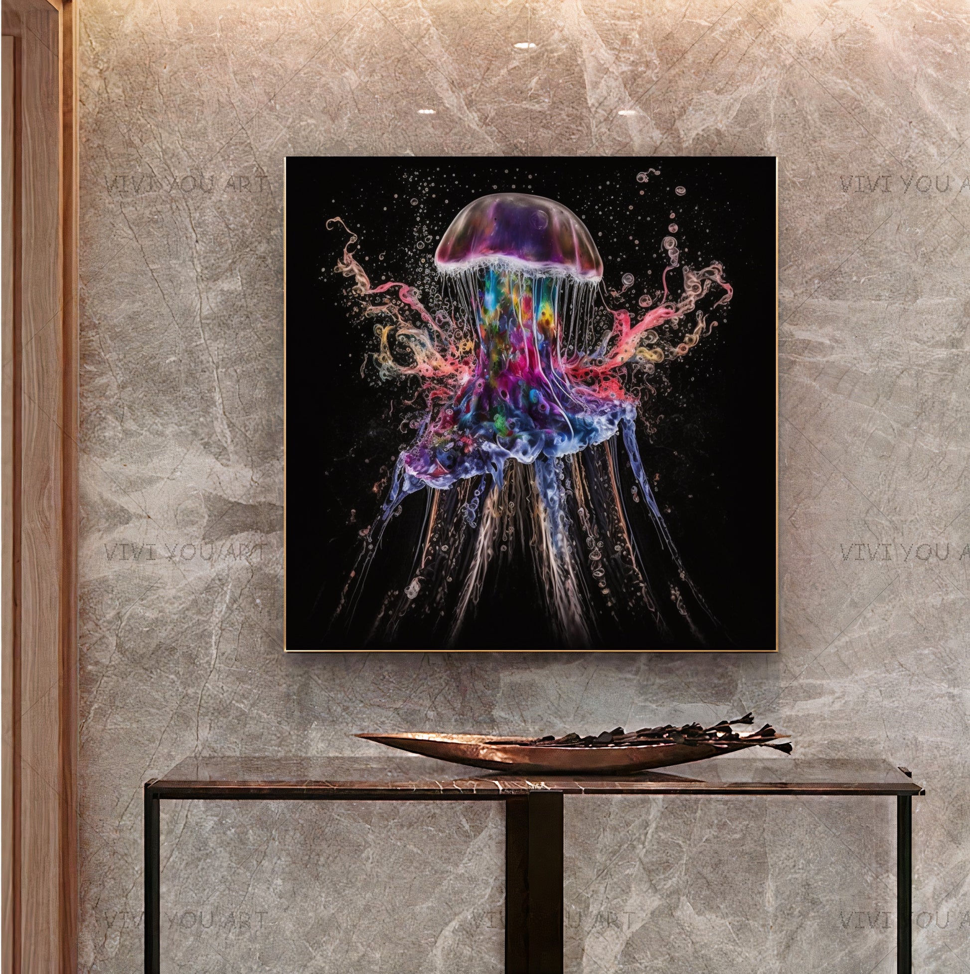 Blue Neon Jellyfish Explosion - Abstract Canvas Print of Underwater Life