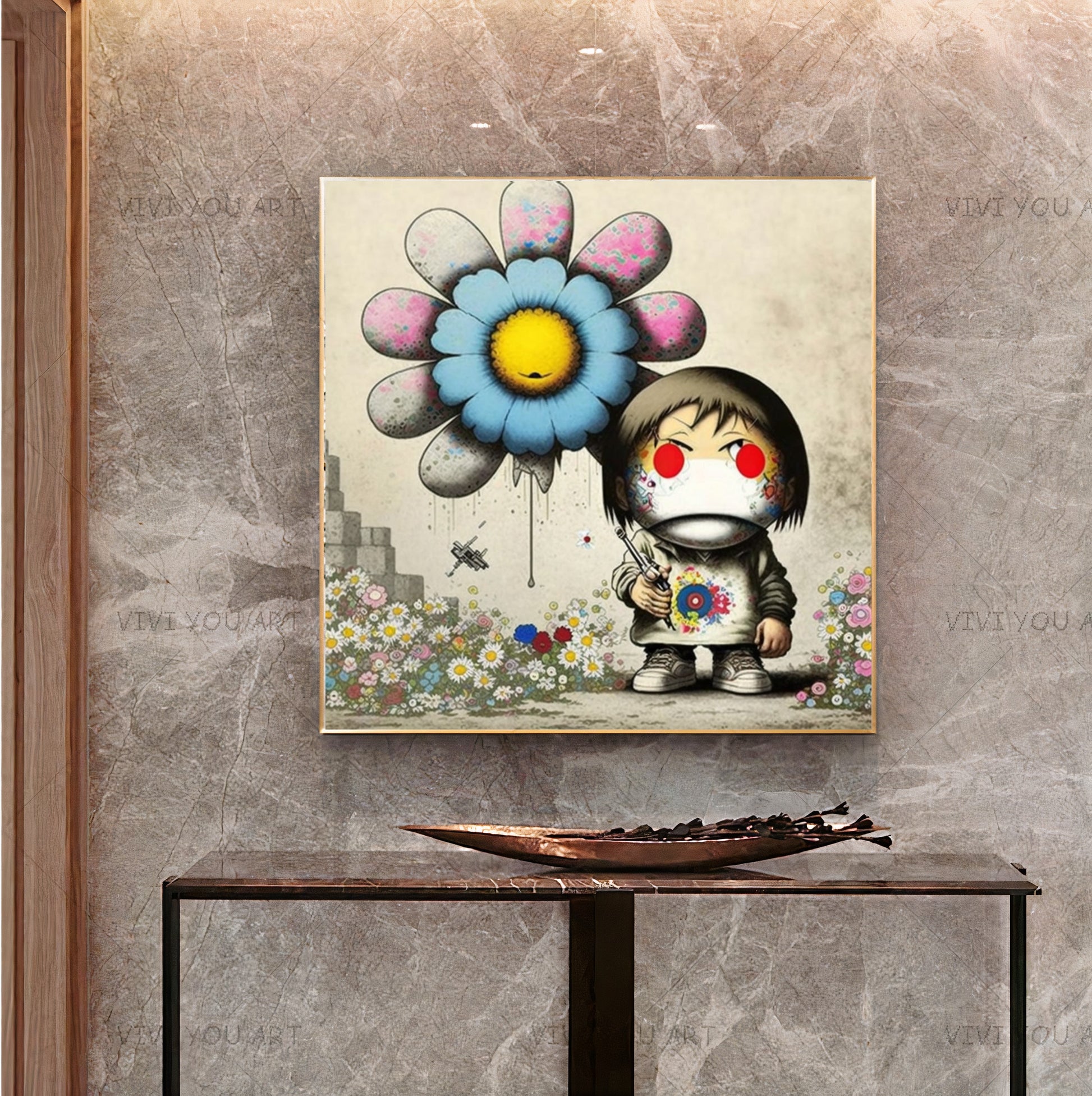 Girl with Flower Balloon - Banksy Inspired Street Art Print {{ shop_name }}Prints Banksy style canvas print canvas wall art collectible print colorful flower balloon giclée prints girl with flower graffiti large canvas print large wall art Large Wall Art Decor Living Room Art modern art print playful pop art print on canvas ready to hang canvas street art stretched canvas art surreal urban art wall art prints whimsical