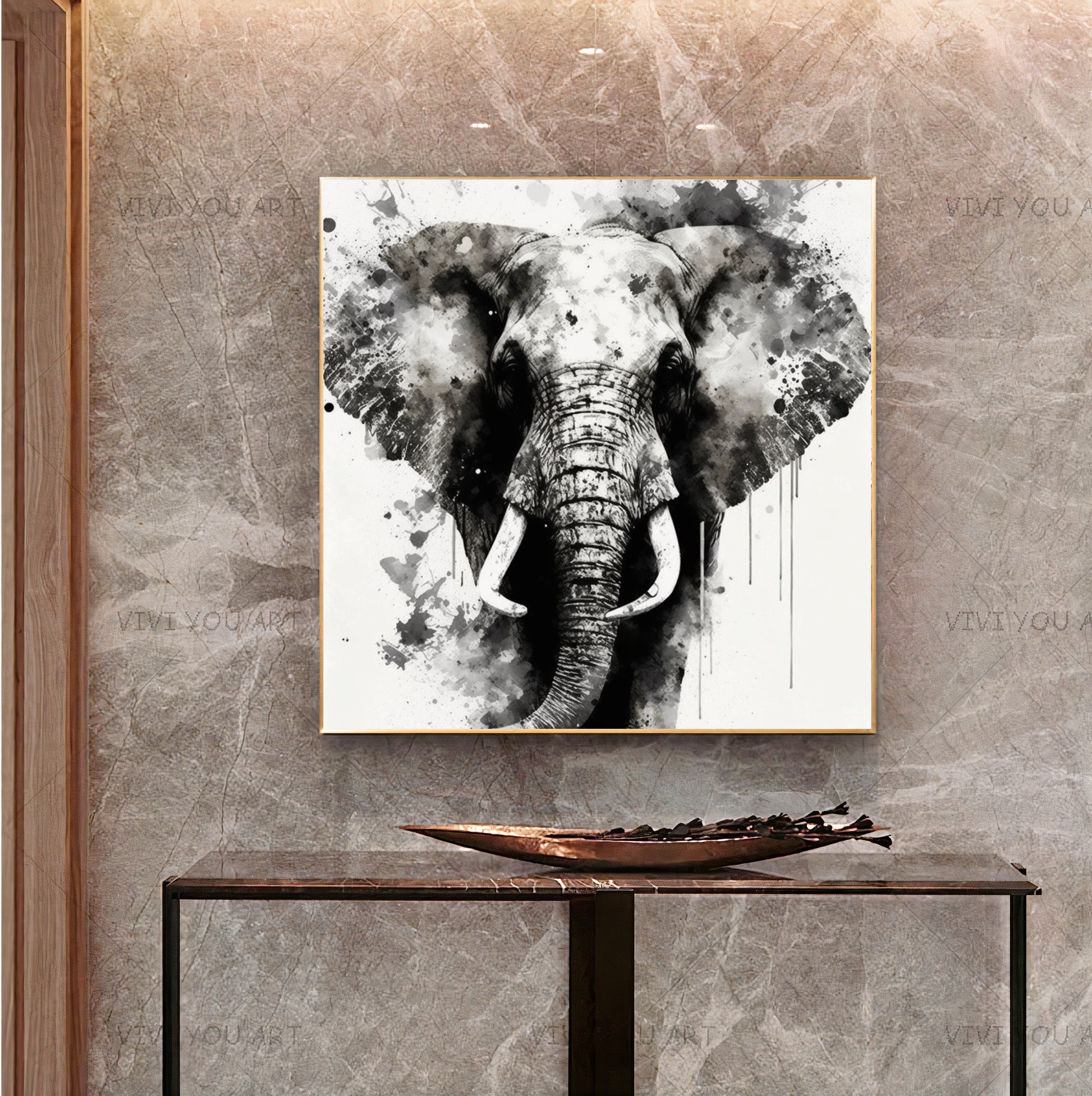 Large Print on Canvas, Black White Elephant, Watercolor Art Work