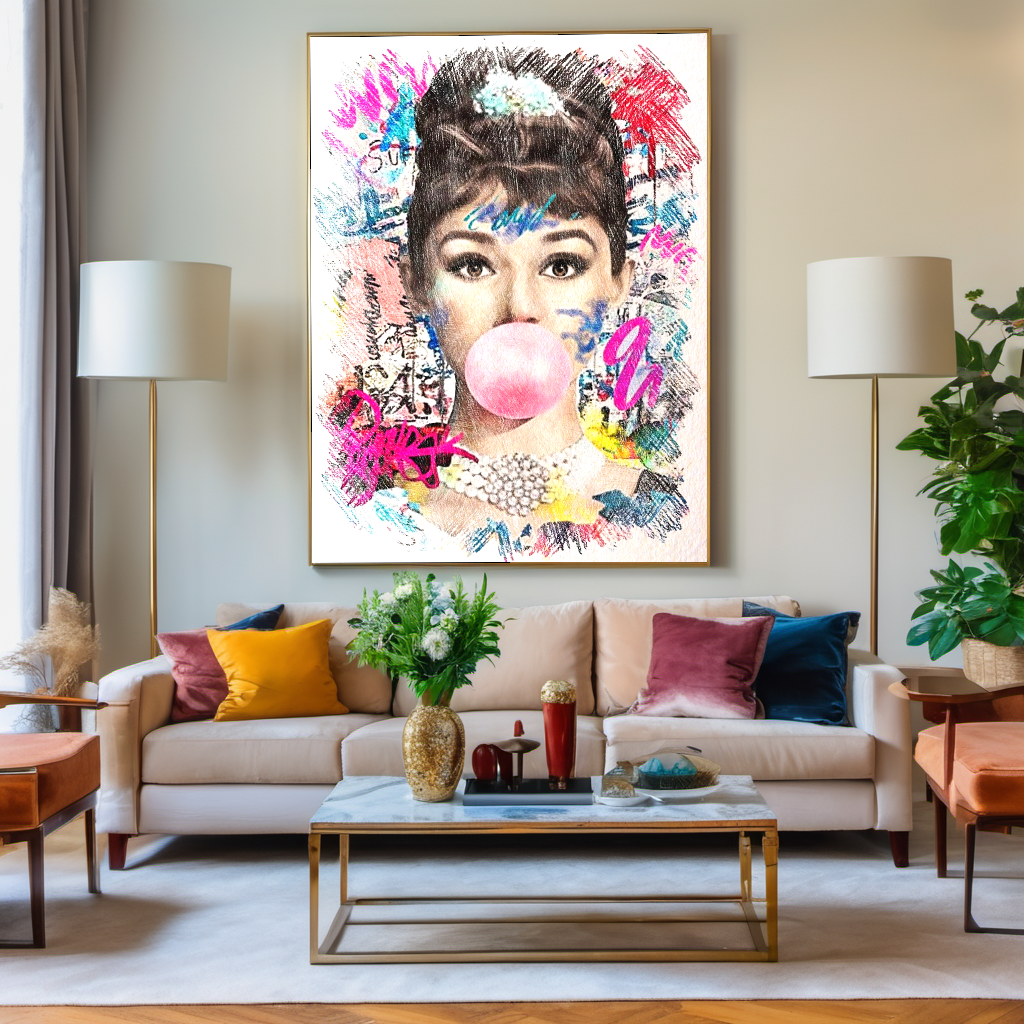 Audrey Hepburn Bubble gum Pop Art - Large Canvas Print - Retro Hollywood Print