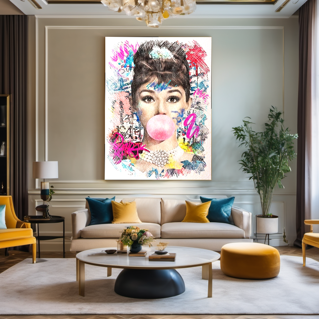Audrey Hepburn Bubble gum Pop Art - Large Canvas Print - Retro Hollywood Print