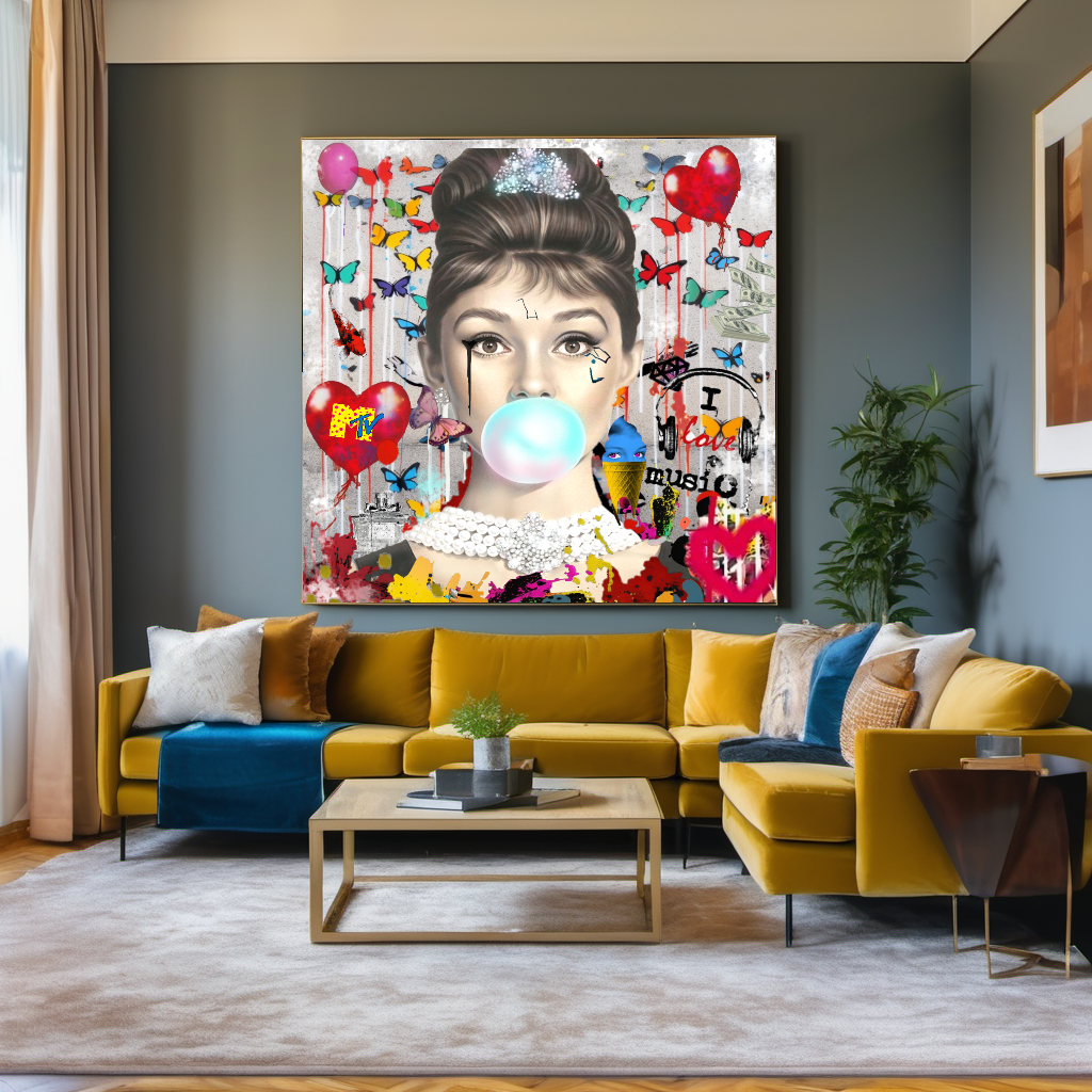 Marilyn Monroe, Audrey Hepburn, Bubble Gum Art, Modern Pop Art Print on Canvas {{ shop_name }}Prints canvas print canvas wall art giclée prints graffiti art print graffiti canvas graffiti canvas art large canvas print large wall art Large Wall Art Decor Living Room Art merilyn monroe art print Merilyn Monroe painting modern abstract art modern art print pop art print print on canvas ready to hang canvas street art on canvas stretched canvas art wall art prints