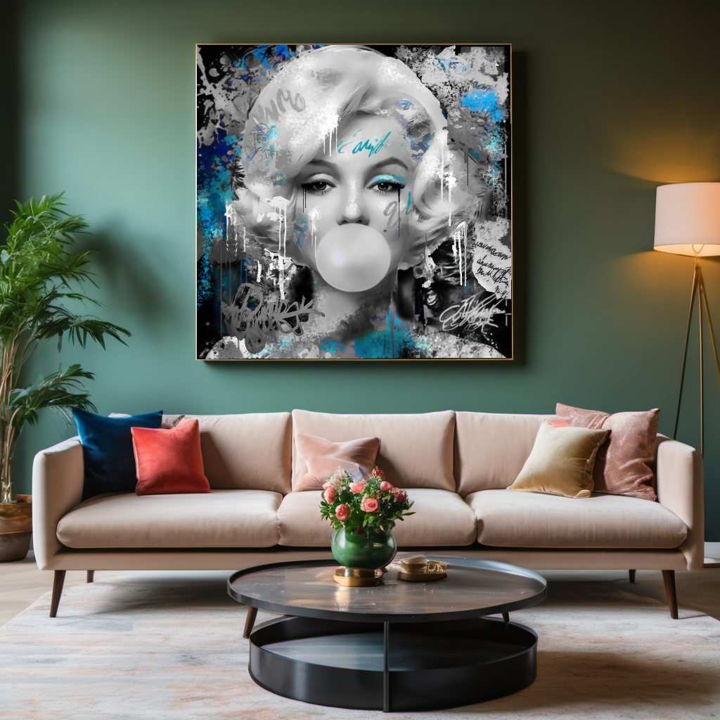 Graffiti Art Blue Marilyn Monroe blowing Bubble Gum, Modern Pop Art Print on Canvas {{ shop_name }}Prints canvas print canvas wall art giclée prints graffiti art print graffiti canvas graffiti canvas art large canvas print large wall art Large Wall Art Decor Living Room Art merilyn monroe art print Merilyn Monroe painting modern abstract art modern art print pop art print print on canvas ready to hang canvas street art on canvas stretched canvas art wall art prints
