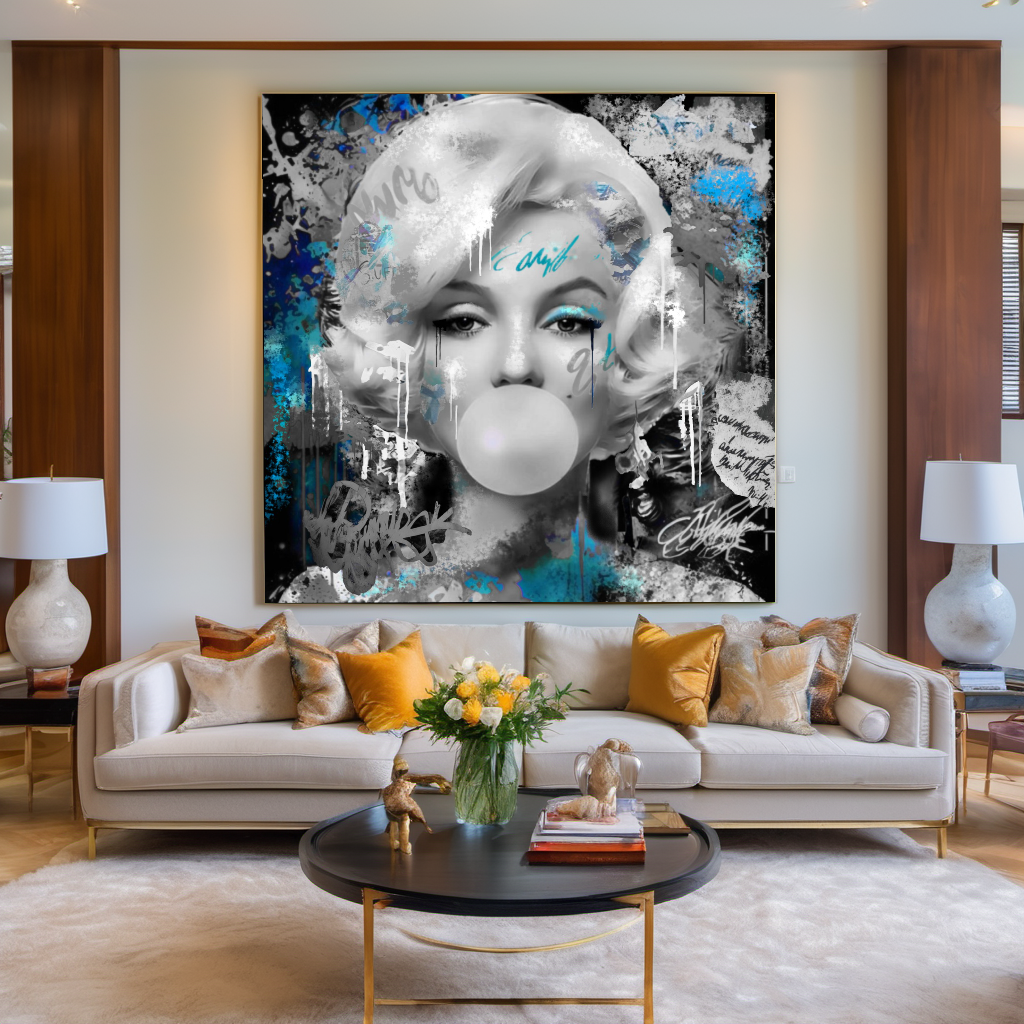 Graffiti Art Blue Marilyn Monroe blowing Bubble Gum, Modern Pop Art Print on Canvas {{ shop_name }}Prints canvas print canvas wall art giclée prints graffiti art print graffiti canvas graffiti canvas art large canvas print large wall art Large Wall Art Decor Living Room Art merilyn monroe art print Merilyn Monroe painting modern abstract art modern art print pop art print print on canvas ready to hang canvas street art on canvas stretched canvas art wall art prints