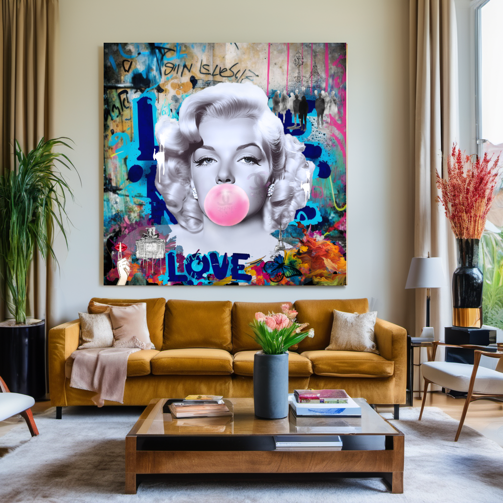 Graffiti Marilyn Monroe blowing Bubble Gum, Modern Pop Art Print on Canvas {{ shop_name }}Prints canvas print canvas wall art giclée prints graffiti art print graffiti canvas graffiti canvas art large canvas print large wall art Large Wall Art Decor Living Room Art merilyn monroe art print Merilyn Monroe painting modern abstract art modern art print pop art print print on canvas ready to hang canvas street art on canvas stretched canvas art wall art prints