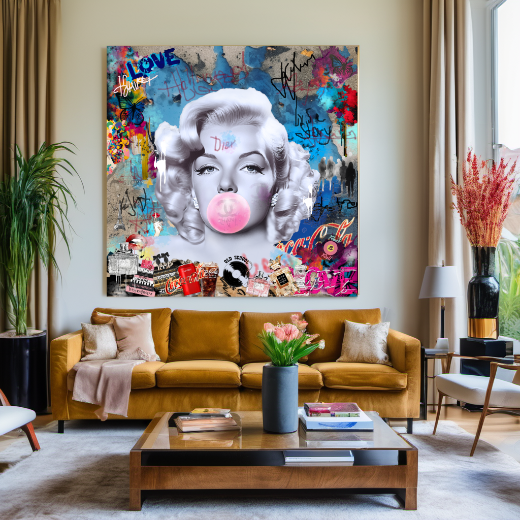 Graffiti Marilyn Monroe blowing Bubble Gum, Modern Pop Art Print on Canvas {{ shop_name }}Prints canvas print canvas wall art giclée prints graffiti art print graffiti canvas graffiti canvas art large canvas print large wall art Large Wall Art Decor Living Room Art merilyn monroe art print Merilyn Monroe painting modern abstract art modern art print pop art print print on canvas ready to hang canvas street art on canvas stretched canvas art wall art prints