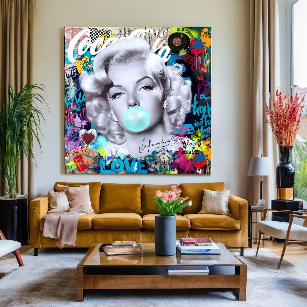 Iconic Marilyn Monroe blowing Bubble Gum, Modern Pop Art Print on Canvas {{ shop_name }}Prints canvas print canvas wall art giclée prints graffiti art print graffiti canvas graffiti canvas art large canvas print large wall art Large Wall Art Decor Living Room Art merilyn monroe art print Merilyn Monroe painting modern abstract art modern art print pop art print print on canvas ready to hang canvas street art on canvas stretched canvas art wall art prints