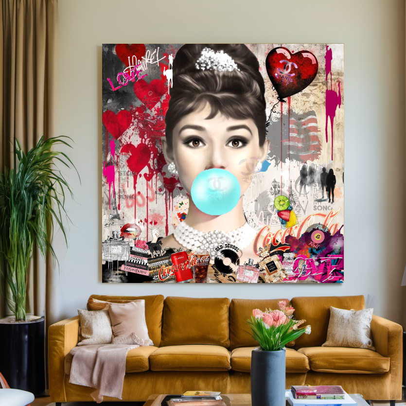 Marilyn Monroe, Audrey Hepburn, blowing Bubble Gum, Modern Pop Art Print on Canvas D
