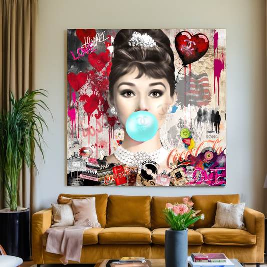 Marilyn Monroe, Audrey Hepburn, blowing Bubble Gum, Modern Pop Art Print on Canvas D