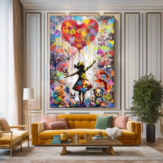 Girl with Heart Balloon and Butterflies- Peace & Love Graffiti Art Print on Canvas A