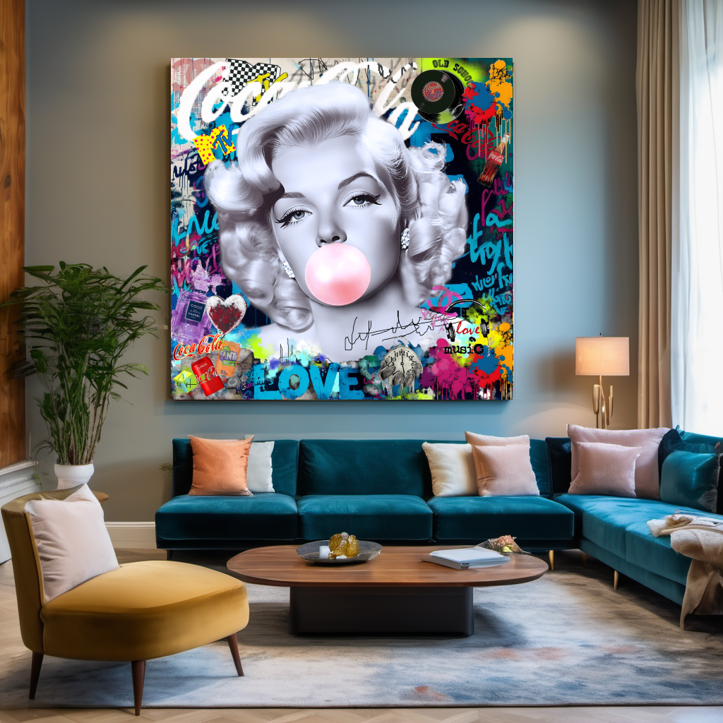 Iconic Marilyn Monroe blowing Bubble Gum, Modern Pop Art Print on Canvas {{ shop_name }}Prints canvas print canvas wall art giclée prints graffiti art print graffiti canvas graffiti canvas art large canvas print large wall art Large Wall Art Decor Living Room Art merilyn monroe art print Merilyn Monroe painting modern abstract art modern art print pop art print print on canvas ready to hang canvas street art on canvas stretched canvas art wall art prints