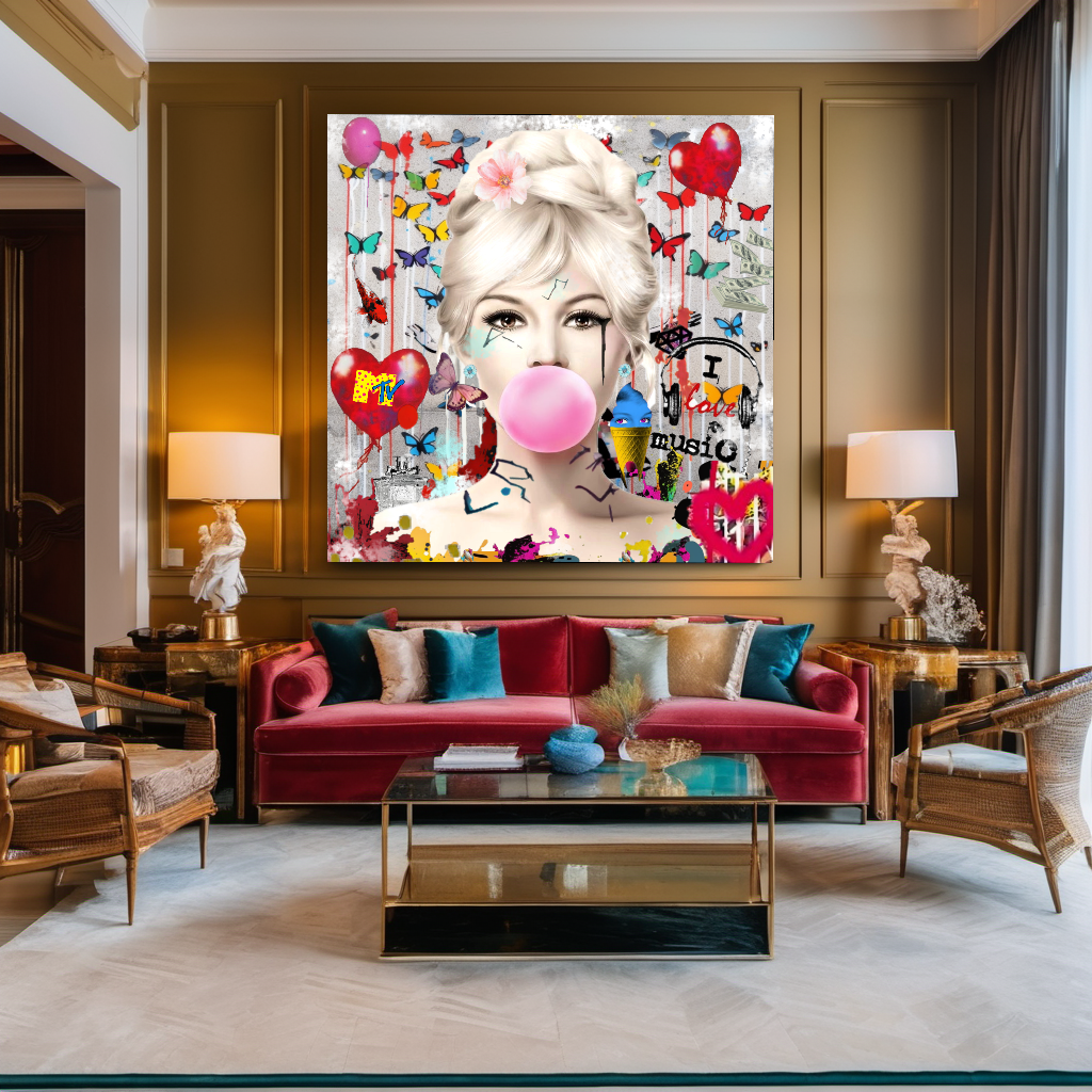 Marilyn Monroe, Audrey Hepburn, Bubble Gum Art, Modern Pop Art Print on Canvas