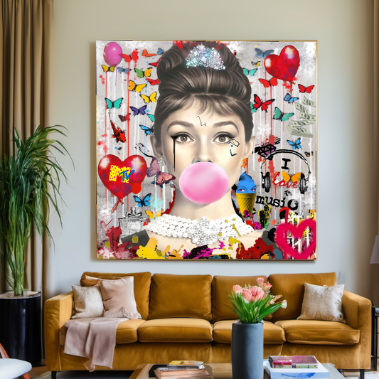 Marilyn Monroe, Audrey Hepburn, Bubble Gum Art, Modern Pop Art Print on Canvas A