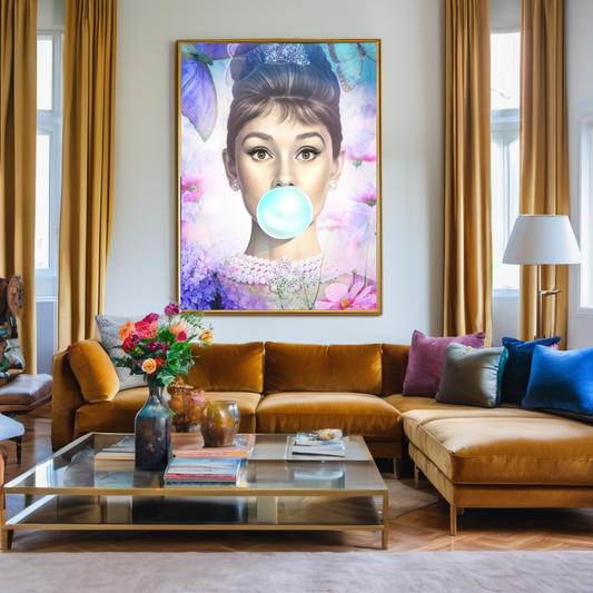 Blue Floral Audrey Hepburn, Marilyn Monroe and Brigitte Bardot, Bubble Gum Art, Modern Pop Art Canvas Print D