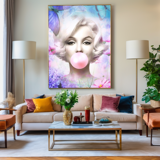 Blue Floral Audrey Hepburn, Marilyn Monroe and Brigitte Bardot, Bubble Gum Art, Modern Pop Art Canvas Print