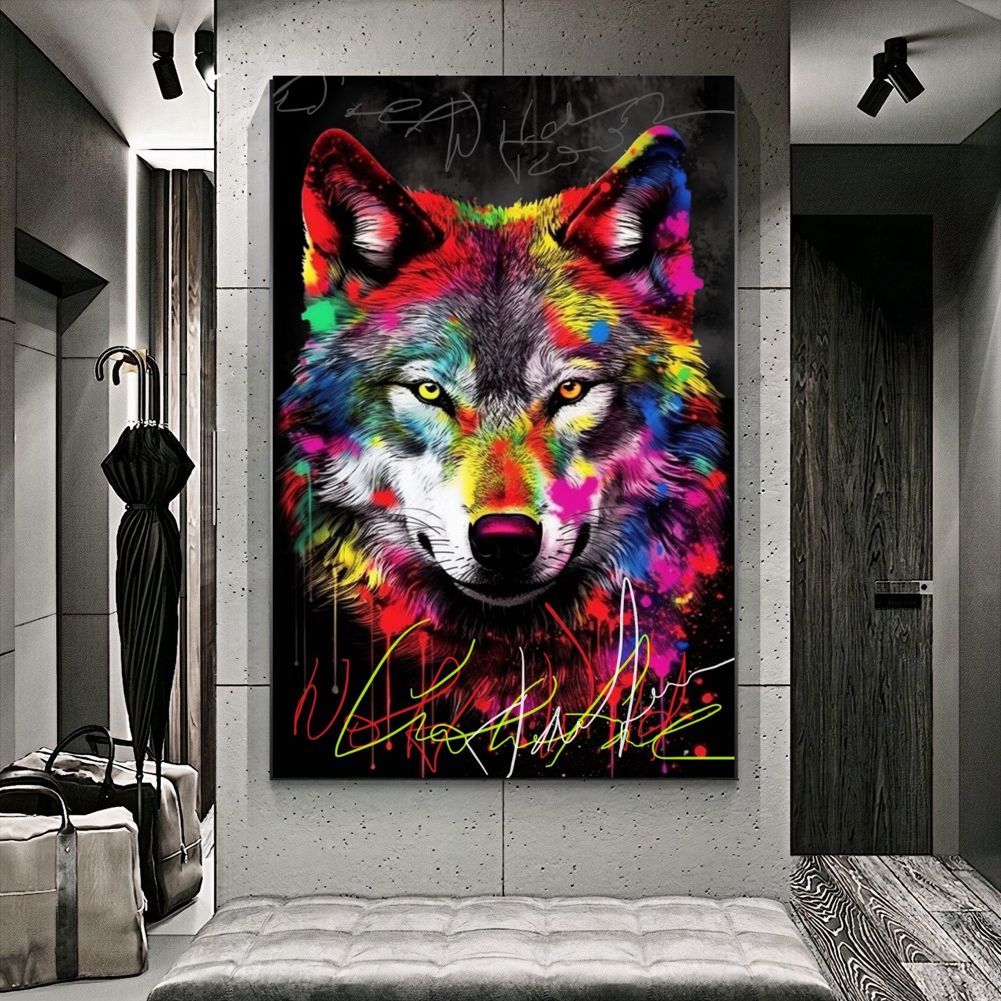 Colorful Wolf Canvas Print - Vibrant Abstract Wall Art - Graffiti Animal Wall Decor C