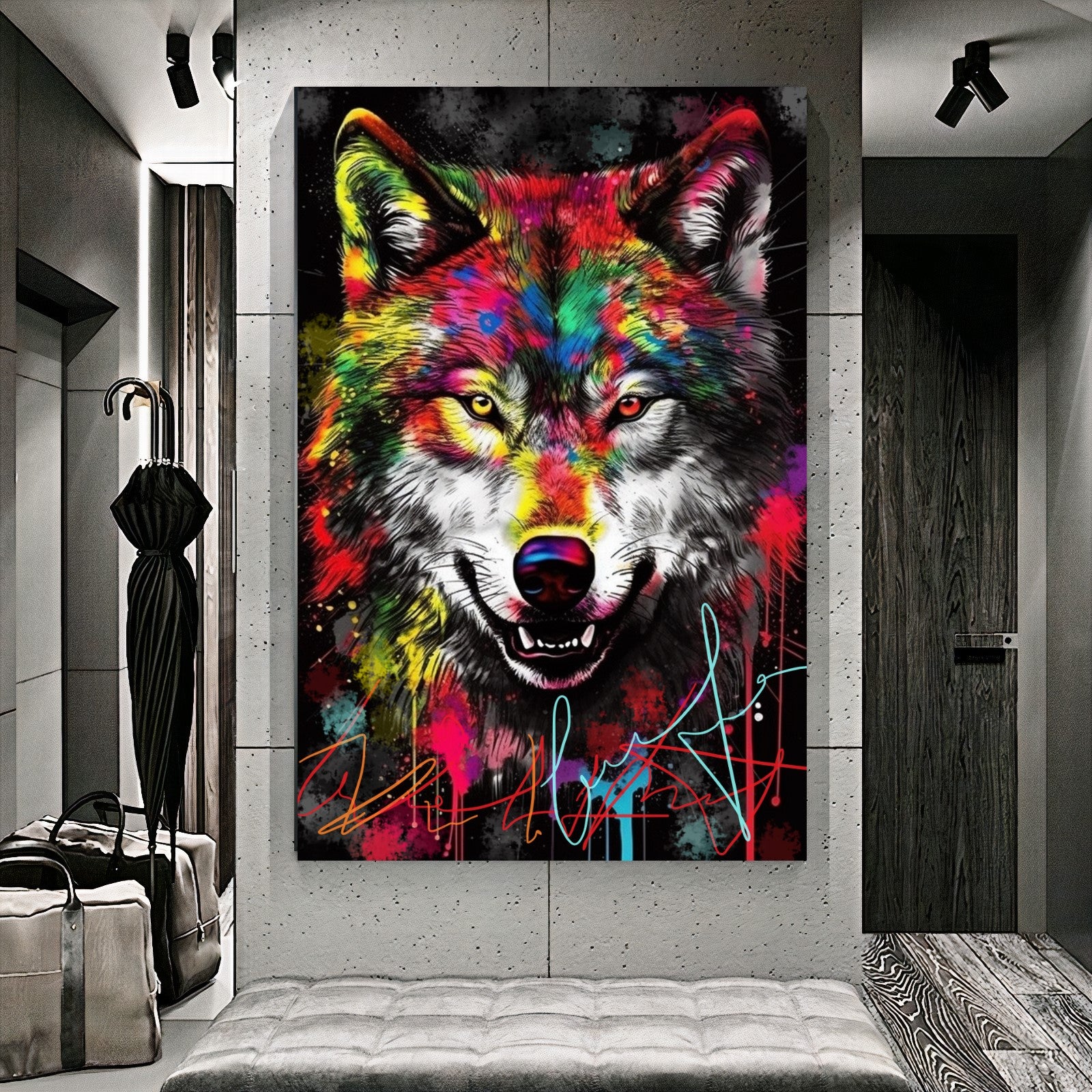 Colorful Wolf Canvas Print - Vibrant Abstract Wall Art - Graffiti Animal Wall Decor A
