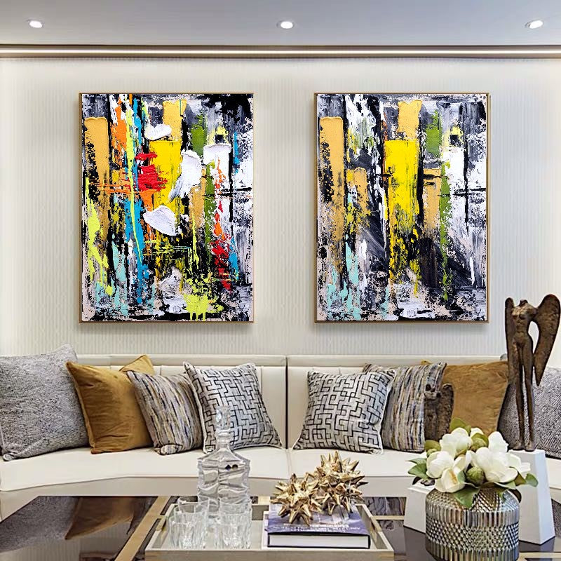 Colorful Abstract Art Composition, Vibrant Impasto Oil Painting on Canvas