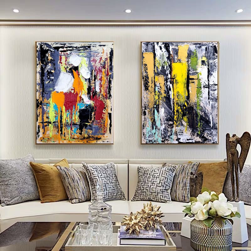 Colorful Abstract Art Composition, Vibrant Impasto Oil Painting on Canvas